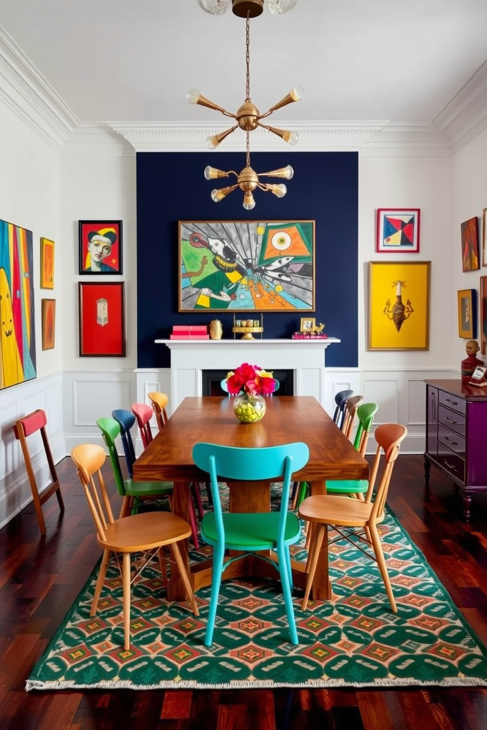 A vibrant dining room filled with eclectic design elements. A large wooden table is surrounded by mismatched chairs in various colors and styles, creating a playful yet inviting atmosphere. On the walls, colorful artwork of different sizes hangs, sparking conversation among guests. A bold patterned rug anchors the space, while unique light fixtures add a touch of whimsy overhead.