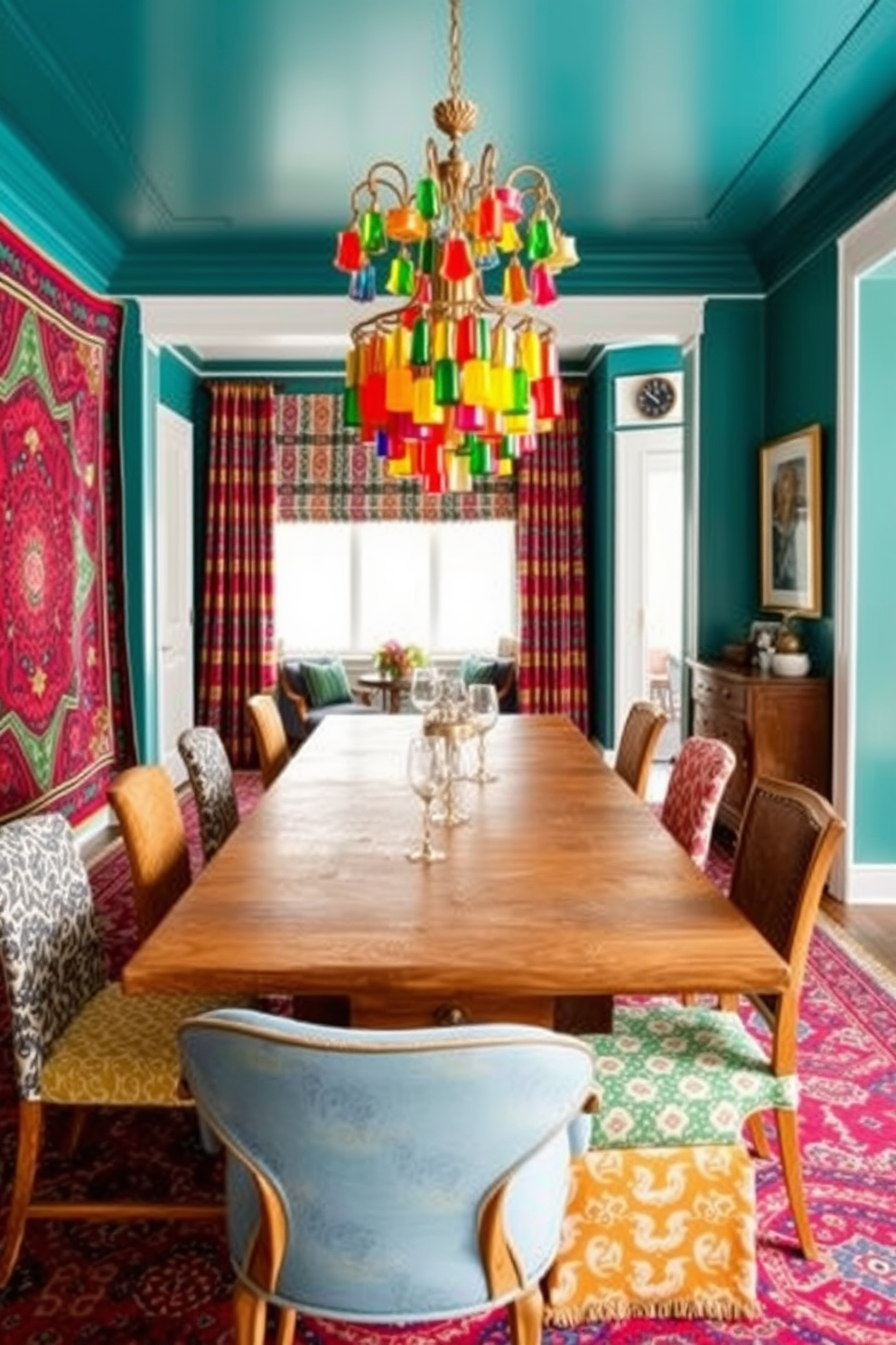 A vibrant dining room filled with bold colors and eclectic patterns. The walls are painted in a deep teal, and a large, colorful tapestry hangs on one side, adding texture and visual interest. A long wooden dining table is surrounded by mismatched chairs upholstered in various patterned fabrics. Above the table, a striking chandelier with colorful glass accents provides a warm glow, enhancing the lively atmosphere.