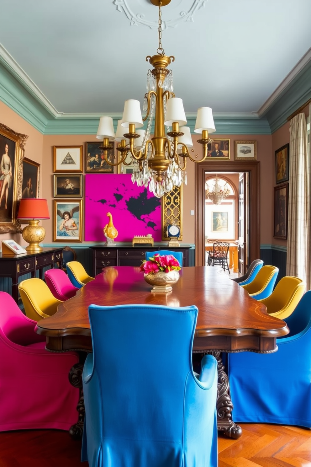 A vibrant dining room that blends traditional and contemporary elements. A large wooden dining table with ornate carvings is surrounded by modern upholstered chairs in bold colors. The walls are adorned with a mix of classic artwork and contemporary prints. A statement chandelier hangs above the table, combining vintage and modern designs to create a focal point.