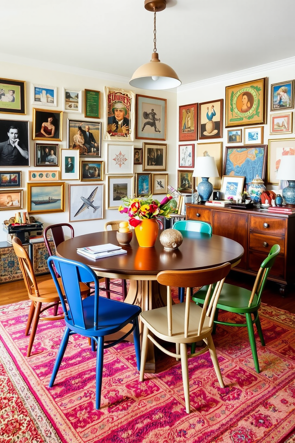 A vibrant dining room featuring a large round table that doubles as a workspace. Surrounding the table are mismatched chairs in various colors and styles, creating an eclectic and inviting atmosphere. The walls are adorned with a gallery of art pieces that reflect personal travels and experiences. A stylish sideboard holds an array of decorative items and serves as additional storage for dining essentials.