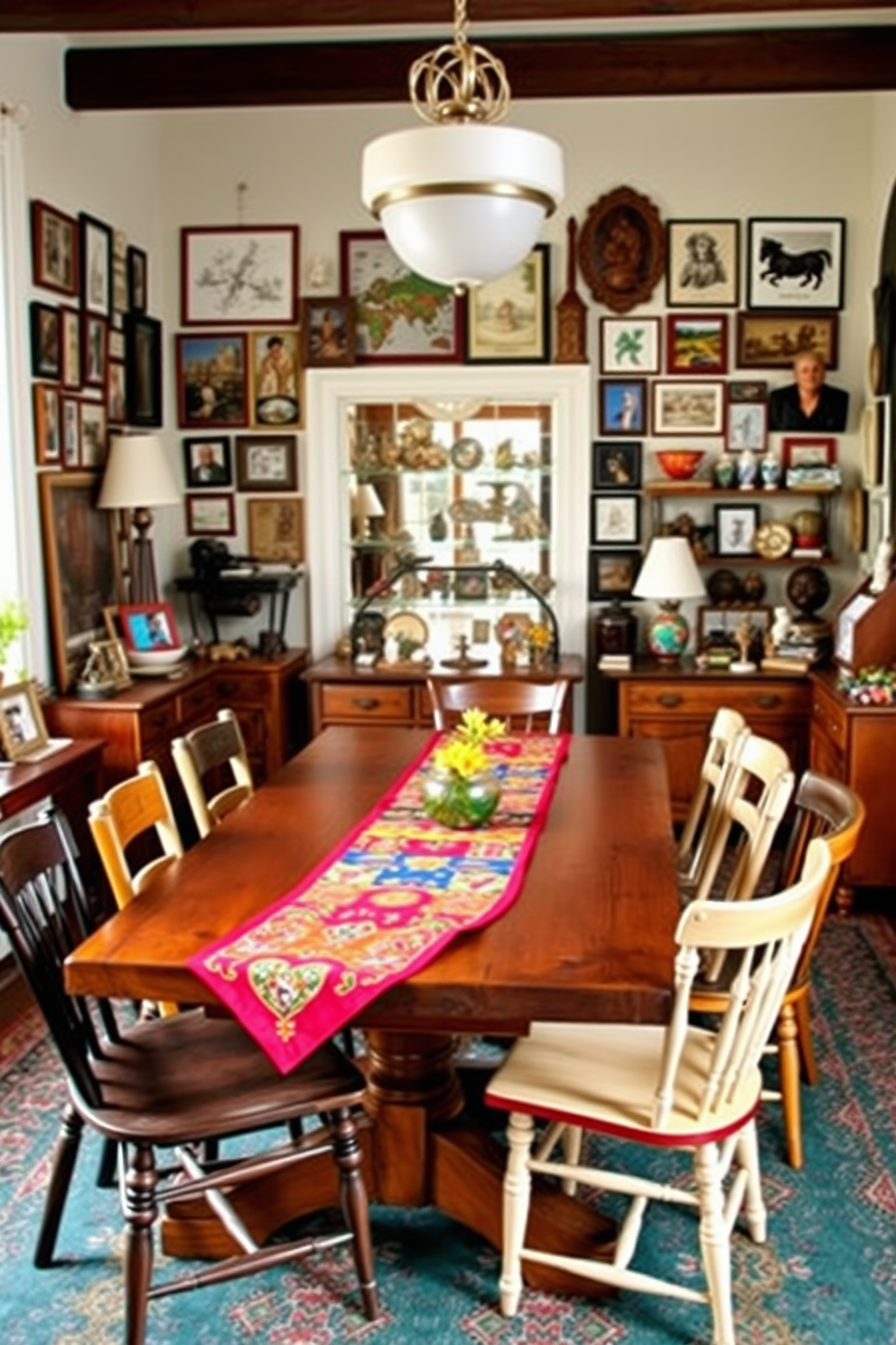 A vibrant dining room filled with eclectic decor showcasing personal travel souvenirs. The walls are adorned with framed photographs and artifacts from various destinations, creating a unique gallery effect. A large wooden dining table is surrounded by mismatched chairs, each with its own character and style. Centered on the table is a colorful table runner made from fabric collected during travels, enhancing the room's eclectic feel.