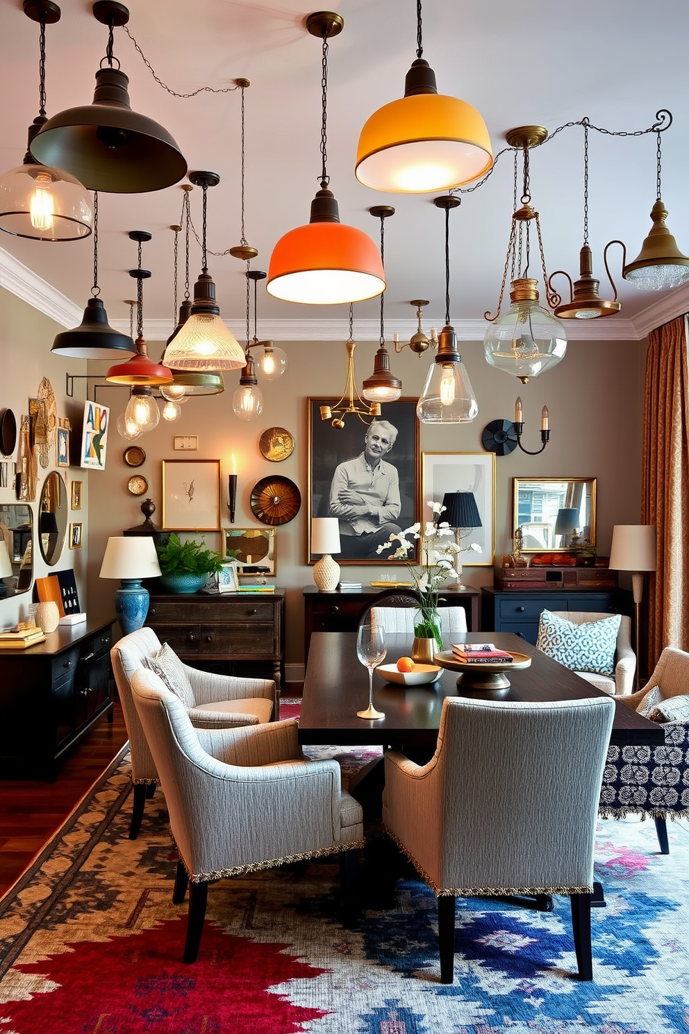 An eclectic dining nook features a round wooden table surrounded by mismatched chairs in vibrant colors and patterns. The walls are adorned with an array of framed artwork, and a bold area rug anchors the space, adding warmth and texture. Soft lighting is provided by a unique pendant light hanging above the table, creating an inviting atmosphere for gatherings. Potted plants and decorative items on shelves add personality and charm to the cozy seating area.