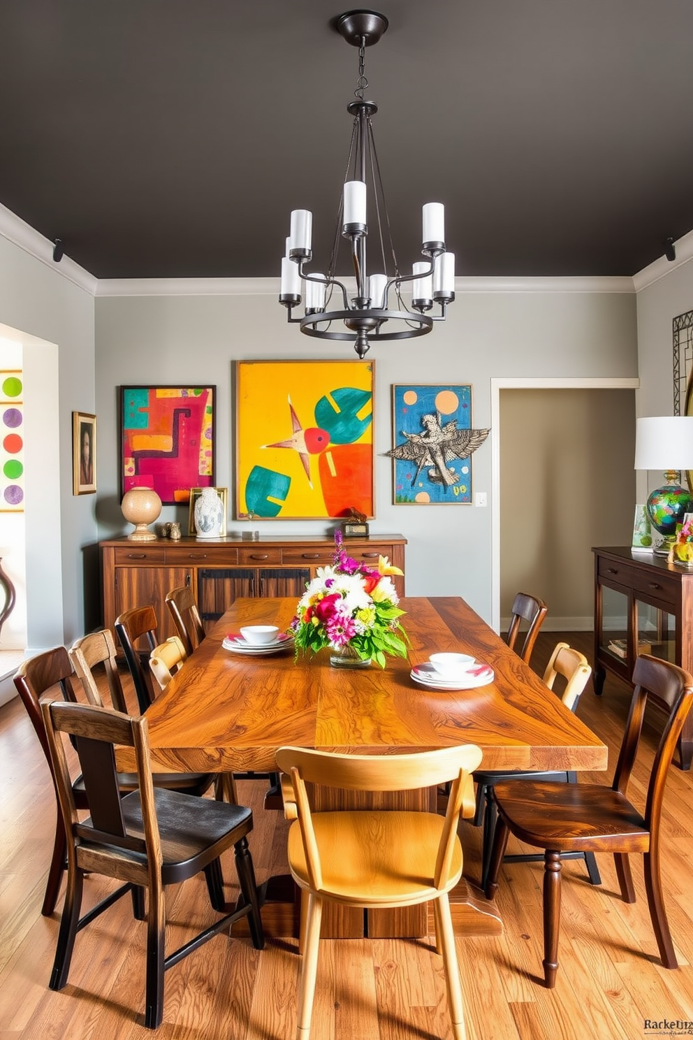 A stunning eclectic dining room featuring a large wooden table crafted from reclaimed wood surrounded by mismatched chairs in various finishes. The walls are adorned with vibrant artwork and a statement chandelier hangs overhead, creating a warm and inviting atmosphere. Incorporate a sideboard made of dark-stained wood that contrasts beautifully with lighter wood tones used in the table and chairs. Add decorative elements like colorful tableware and a centerpiece of fresh flowers to enhance the eclectic feel of the space.