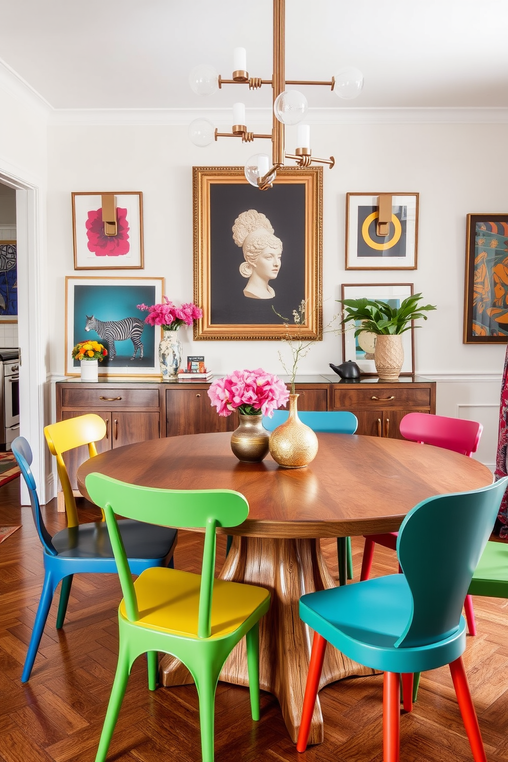 A vibrant dining room featuring open shelving that showcases an array of colorful dishware. The walls are adorned with eclectic art pieces, creating a lively and inviting atmosphere.