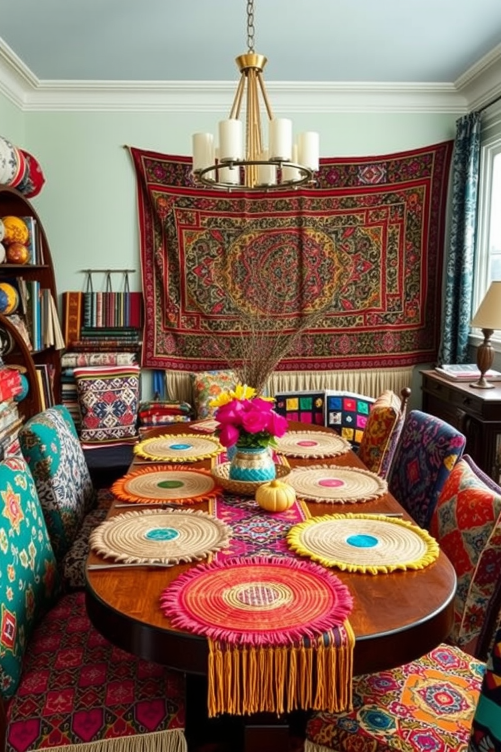 A vibrant dining room filled with an array of textiles from different cultures. The table is set with colorful woven placemats and intricate table runners, showcasing patterns inspired by global traditions. The chairs are upholstered in a mix of fabrics, featuring bold prints and textures that add depth to the space. A large tapestry hangs on the wall, bringing warmth and a sense of storytelling to the eclectic ambiance.