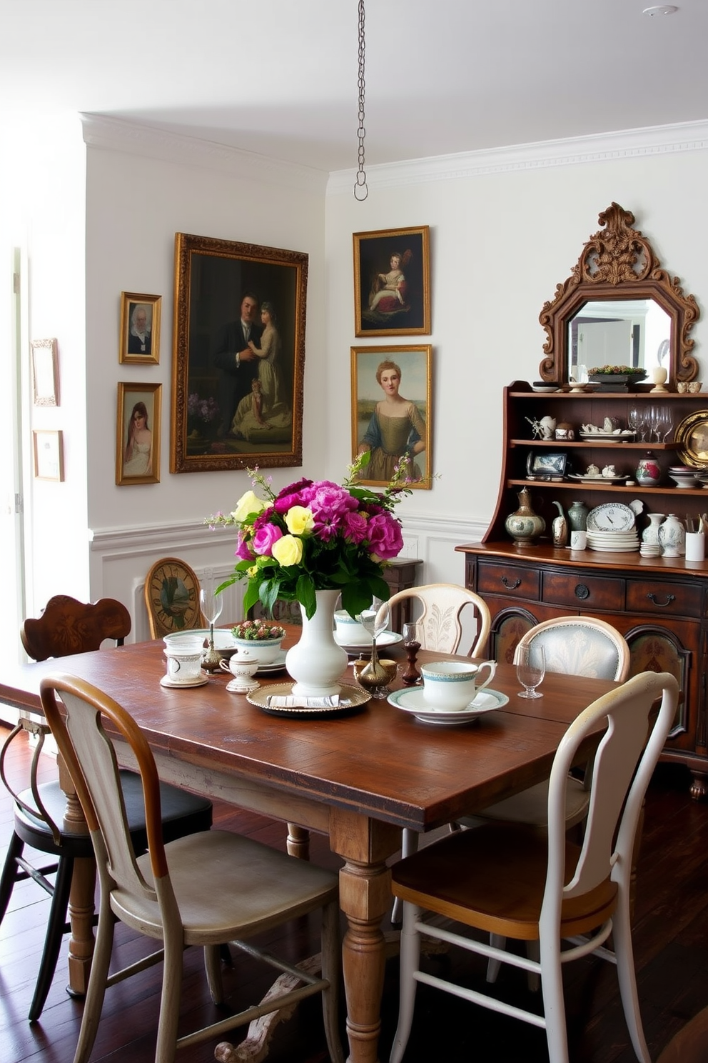 A cozy dining room featuring a rustic wooden table surrounded by mismatched vintage chairs. On the table, a collection of antique tableware and a vibrant floral centerpiece add character and warmth. The walls are adorned with vintage artwork and a large mirror with an ornate frame. A vintage sideboard displays curated finds and adds a touch of nostalgia to the eclectic atmosphere.