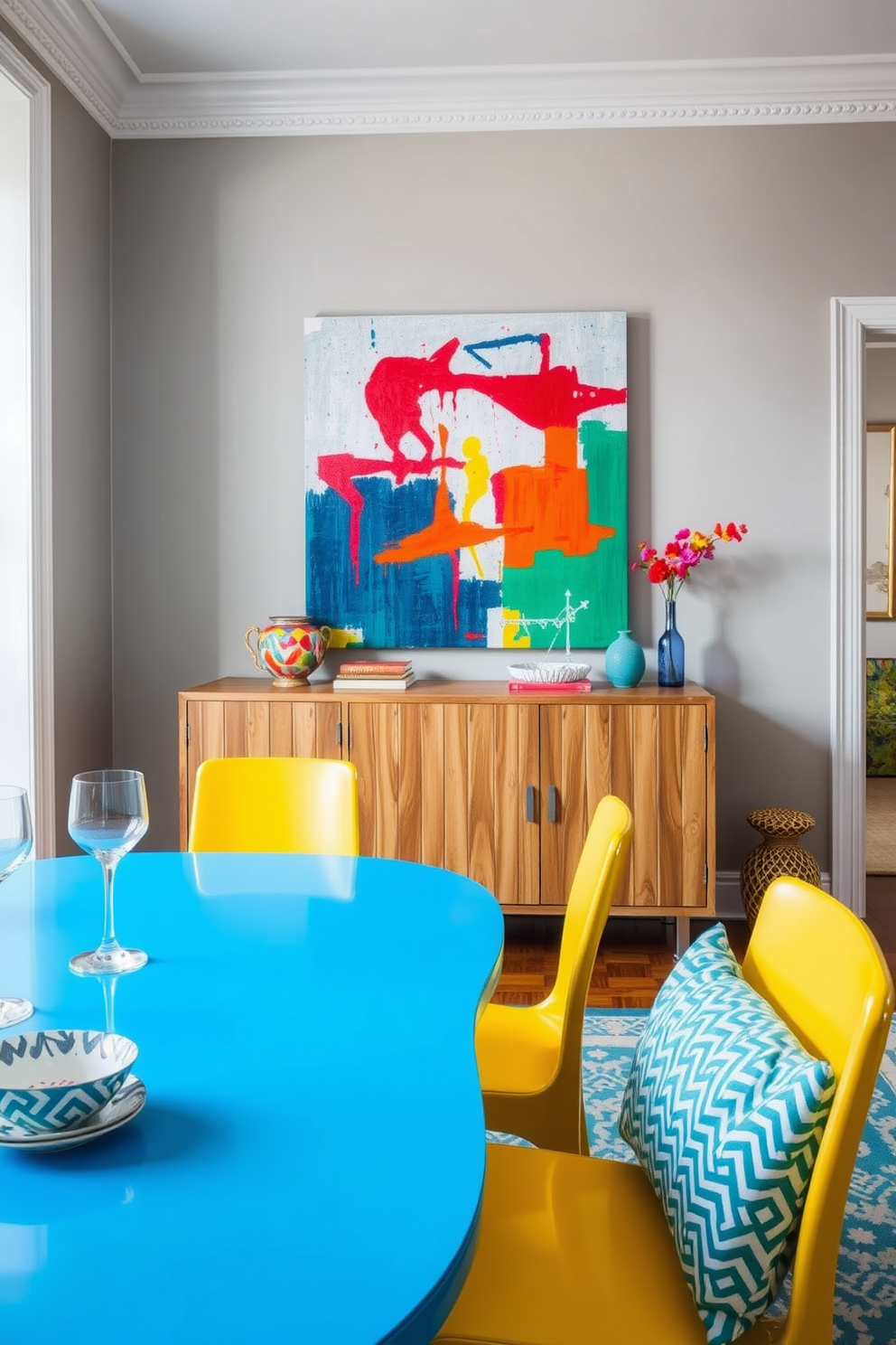 A creative dining room featuring a round table at the center surrounded by mismatched chairs. The walls are adorned with a mix of vibrant artwork and textured wallpaper, creating an inviting and lively atmosphere. Natural light floods the space through large windows, highlighting a colorful area rug beneath the table. A unique chandelier hangs above, adding a touch of whimsy to the eclectic design.