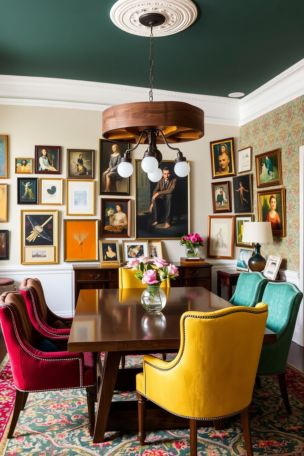 Artistic light fixtures hang from the ceiling, casting a warm glow over the eclectic dining room. A mix of vintage and modern furniture creates a unique atmosphere, with a large wooden table surrounded by mismatched chairs in vibrant colors. The walls are adorned with a gallery of framed artwork, showcasing various styles and textures. A bold area rug anchors the space, featuring geometric patterns that complement the overall design aesthetic.