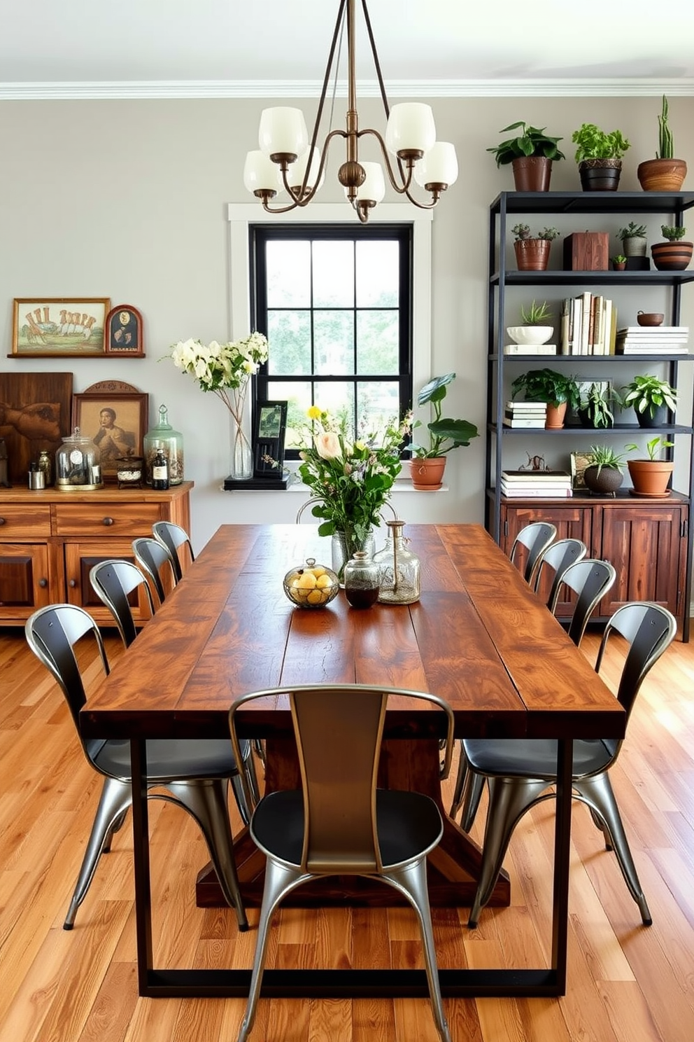 A charming dining room that blends rustic wooden elements with sleek metal accents. The centerpiece is a large reclaimed wood table surrounded by modern metal chairs with clean lines. On one side, a wooden sideboard showcases vintage decor items, while on the opposite wall, a metal shelving unit displays an array of plants and books. The warm tones of the wood contrast beautifully with the cool, industrial feel of the metal, creating a cozy yet contemporary atmosphere.