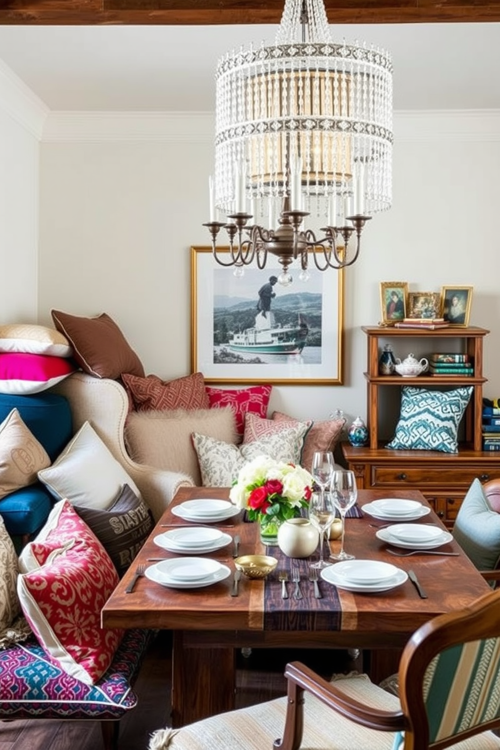 A vibrant dining room features natural wood finishes that create a warm and inviting atmosphere. Colorful accents in the form of bold artwork and eclectic tableware add personality and charm to the space.