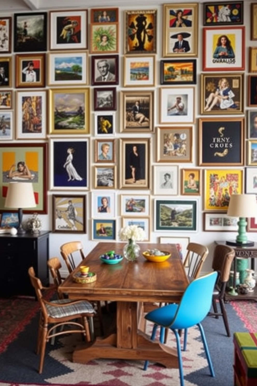 A gallery wall showcasing an array of diverse art styles. The wall is filled with framed pieces ranging from abstract paintings to classic photography, creating a vibrant and dynamic visual experience. An eclectic dining room that blends various design elements and colors. The table is a rustic wooden piece surrounded by mismatched chairs, and bold accessories add personality and charm to the space.