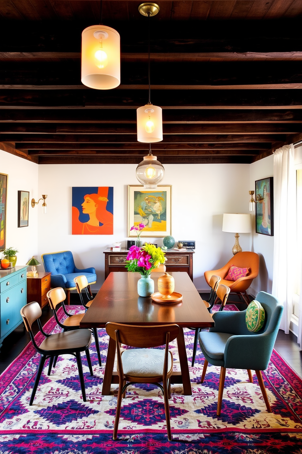 A vibrant dining room filled with an array of mismatched dining chairs in various colors and patterns. The table is a rustic wooden piece, adorned with a colorful tablecloth and a centerpiece of fresh flowers.