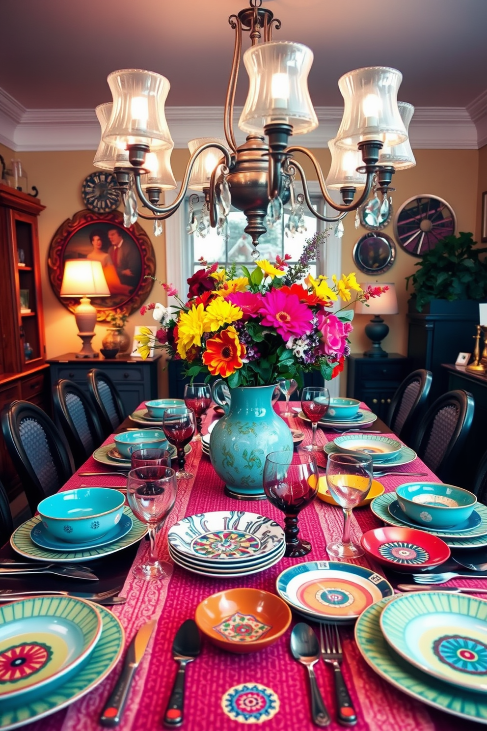 An eclectic dining room featuring a large wooden table surrounded by mismatched chairs in various colors and styles. Above the table, industrial pendant lights with exposed bulbs hang from the ceiling, casting a warm glow over the space.