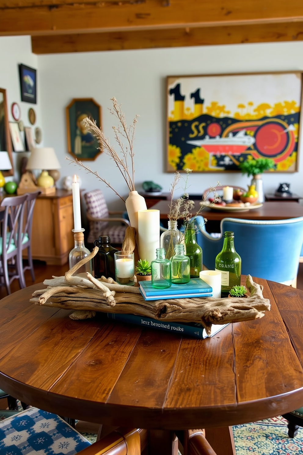 An eclectic dining room filled with a vibrant mix of tableware and linens. The table is set with colorful plates, mismatched cutlery, and patterned napkins that create a lively atmosphere. Above the table, a unique chandelier made of various materials adds character to the space. The walls are adorned with an array of artwork in different styles, enhancing the eclectic feel of the room.