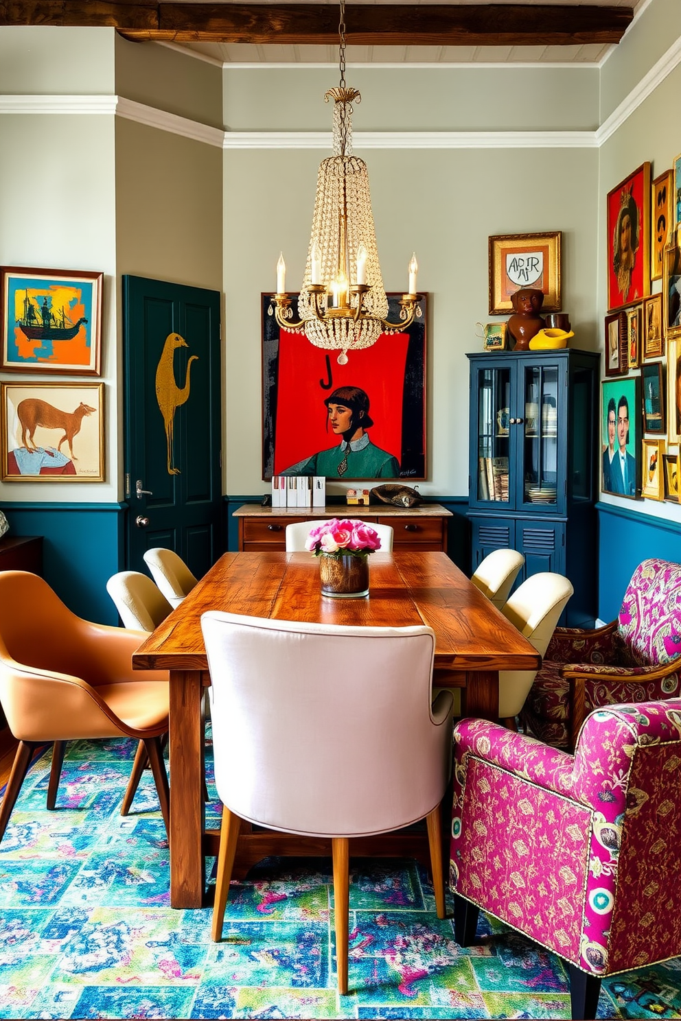 A vibrant dining room filled with eclectic charm. Soft bohemian textiles in rich colors are draped over mismatched chairs, adding warmth and texture to the space. A large wooden dining table sits at the center, surrounded by an array of colorful dishware and unique centerpieces. The walls are adorned with an assortment of art pieces, showcasing various styles and cultures that reflect a free-spirited aesthetic.