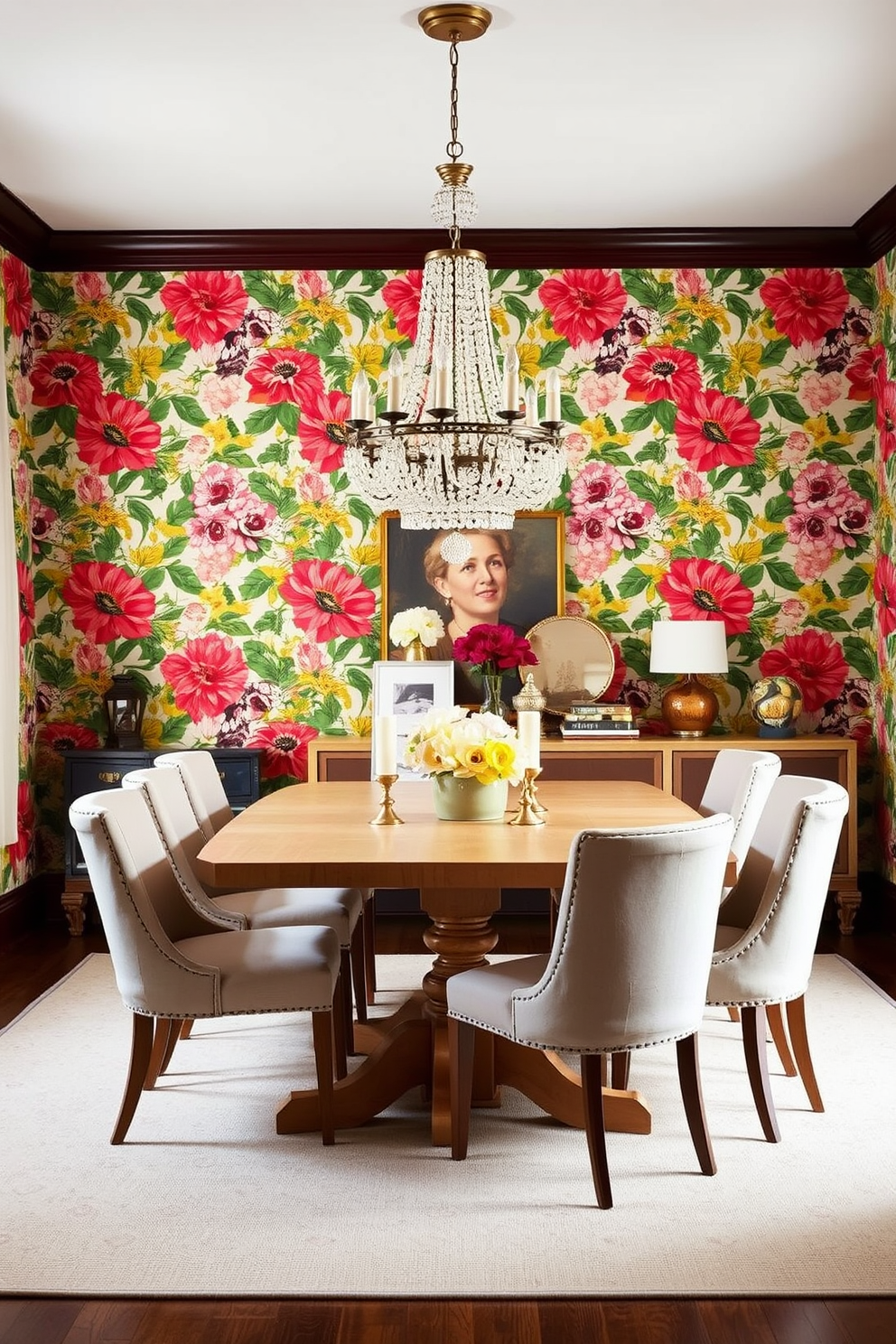 A mid-century modern dining table made of rich walnut wood is surrounded by classic upholstered chairs in a vibrant fabric. The room features a statement chandelier above the table, and the walls are adorned with an eclectic mix of art pieces that reflect various styles and colors.