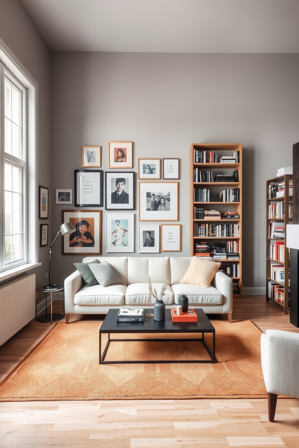 A stylish living room with a gallery wall featuring a mix of framed art and personal photographs. The walls are painted in a soft gray tone, and a plush cream sofa is centered in the space, complemented by a sleek coffee table. On the opposite wall, a tall bookshelf is filled with books and decorative items, adding character to the room. A warm area rug anchors the seating area, while large windows allow natural light to flood the space, enhancing the inviting atmosphere.