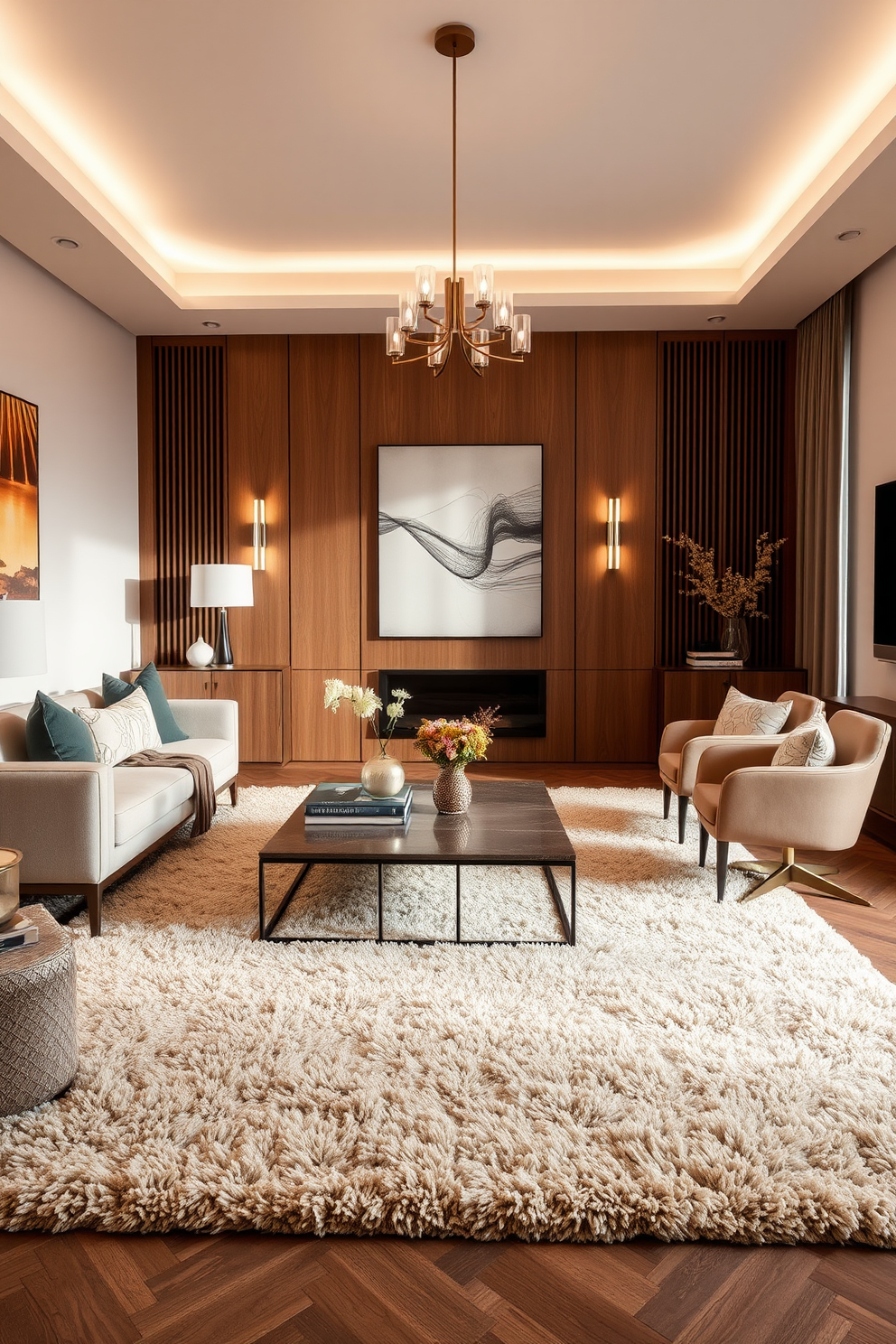 A stylish living room featuring a plush area rug that adds warmth and texture to the space. The room is adorned with modern furniture, including a sleek sofa and a chic coffee table, all set against a backdrop of soft, neutral walls. Incorporate elegant lighting fixtures that enhance the ambiance and create a welcoming atmosphere. The overall design embraces a harmonious color palette, blending rich tones with subtle accents for a sophisticated look.