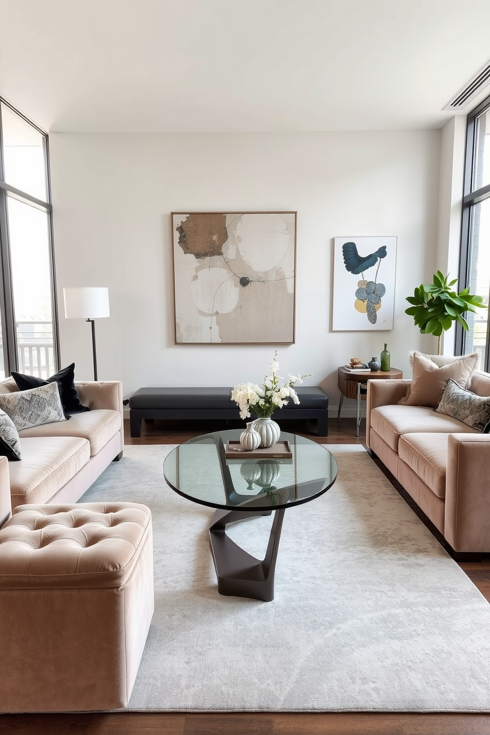 A stylish living room featuring a unique coffee table made of glass and metal as the centerpiece. Surrounding the table are plush velvet sofas in soft neutral tones, complemented by a statement rug that adds warmth to the space. The walls are adorned with abstract art pieces that enhance the modern aesthetic. Large windows allow natural light to flood in, creating an inviting atmosphere perfect for relaxation and entertaining.