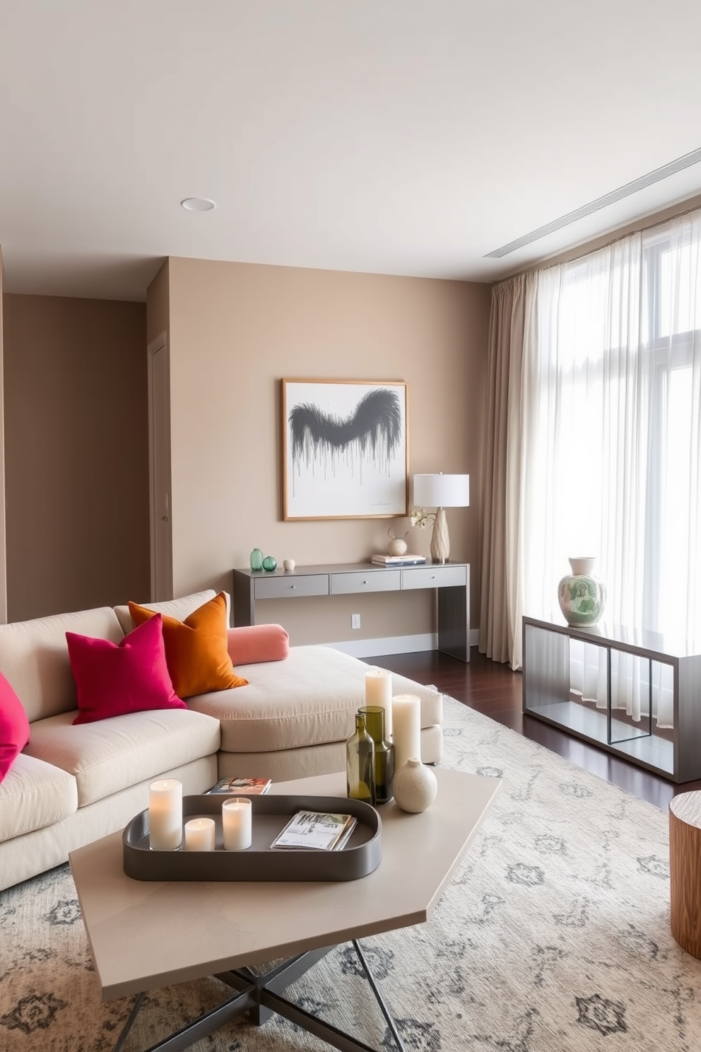 A chic living room featuring a plush sectional sofa in a neutral tone with vibrant throw pillows. A sleek coffee table adorned with decorative trays holds stylish candles and magazines, enhancing the organized aesthetic. The walls are painted in a soft taupe, complemented by large windows draped with sheer curtains that allow natural light to filter in. A statement artwork hangs above a minimalist console table, adding a touch of sophistication to the space.