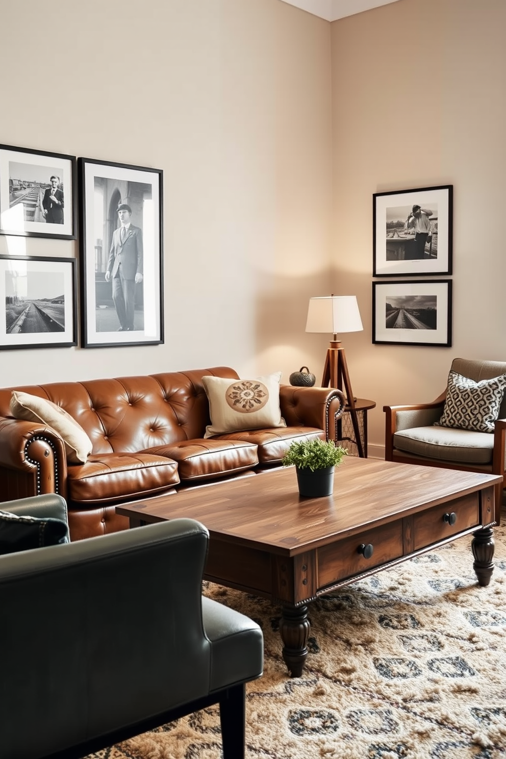 A stylish living room featuring a vintage leather sofa paired with an antique wooden coffee table. The walls are adorned with framed black and white photography, and a plush area rug adds warmth to the space. In the corner, a mid-century modern armchair complements the decor, while a vintage floor lamp provides soft lighting. The color palette includes muted earth tones, creating a cozy and inviting atmosphere.