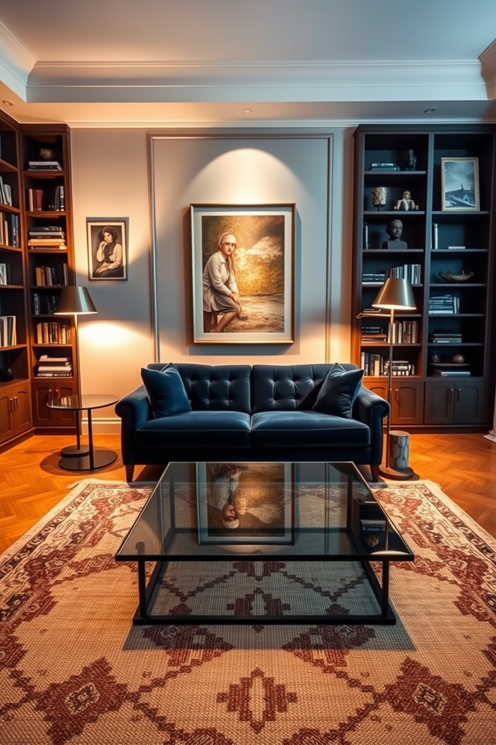 A luxurious living room with a plush velvet sofa in deep navy blue facing a sleek glass coffee table. Soft warm lighting illuminates the space, highlighting the intricate details of a handwoven area rug beneath. The walls are adorned with tasteful artwork, and tall bookshelves filled with curated books and decorative items flank the room. A chic floor lamp stands in the corner, casting a gentle glow that enhances the inviting atmosphere.