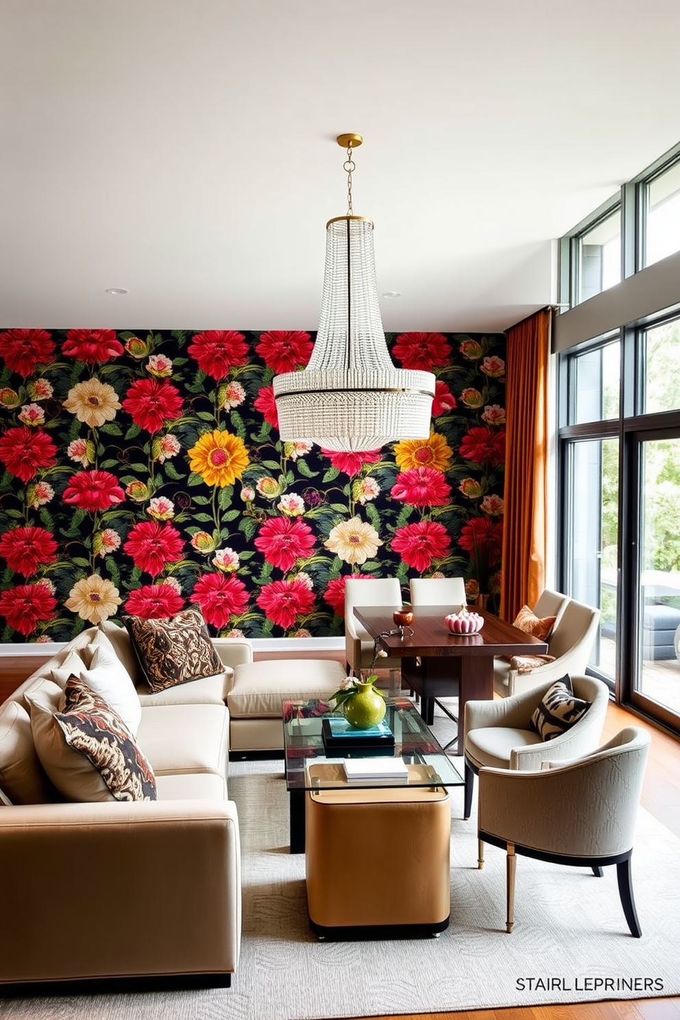 A stylish living room featuring bold wallpaper on the accent wall that showcases a vibrant floral pattern. The space is complemented by a plush sectional sofa in a neutral tone, paired with a glass coffee table and decorative throw pillows. The dining area is adorned with a statement chandelier that hangs above a sleek wooden dining table. Surrounding the table are upholstered chairs that add a touch of sophistication, while large windows allow natural light to flood the room.