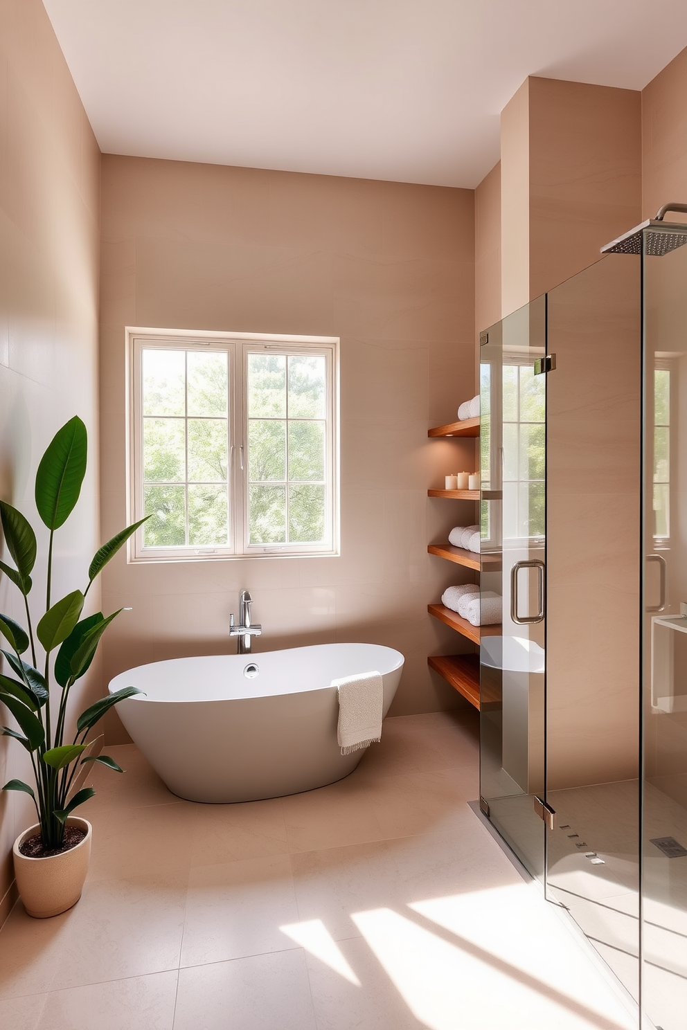 A serene bathroom retreat featuring a freestanding soaking tub positioned under a large window that allows natural light to flood the space. The walls are clad in soft beige tiles, and a lush green plant sits beside the tub to enhance the tranquil atmosphere. A spacious walk-in shower with glass doors and rainfall showerhead complements the design. Sleek wooden shelves hold neatly rolled towels and aromatic candles, creating an inviting and relaxing environment.