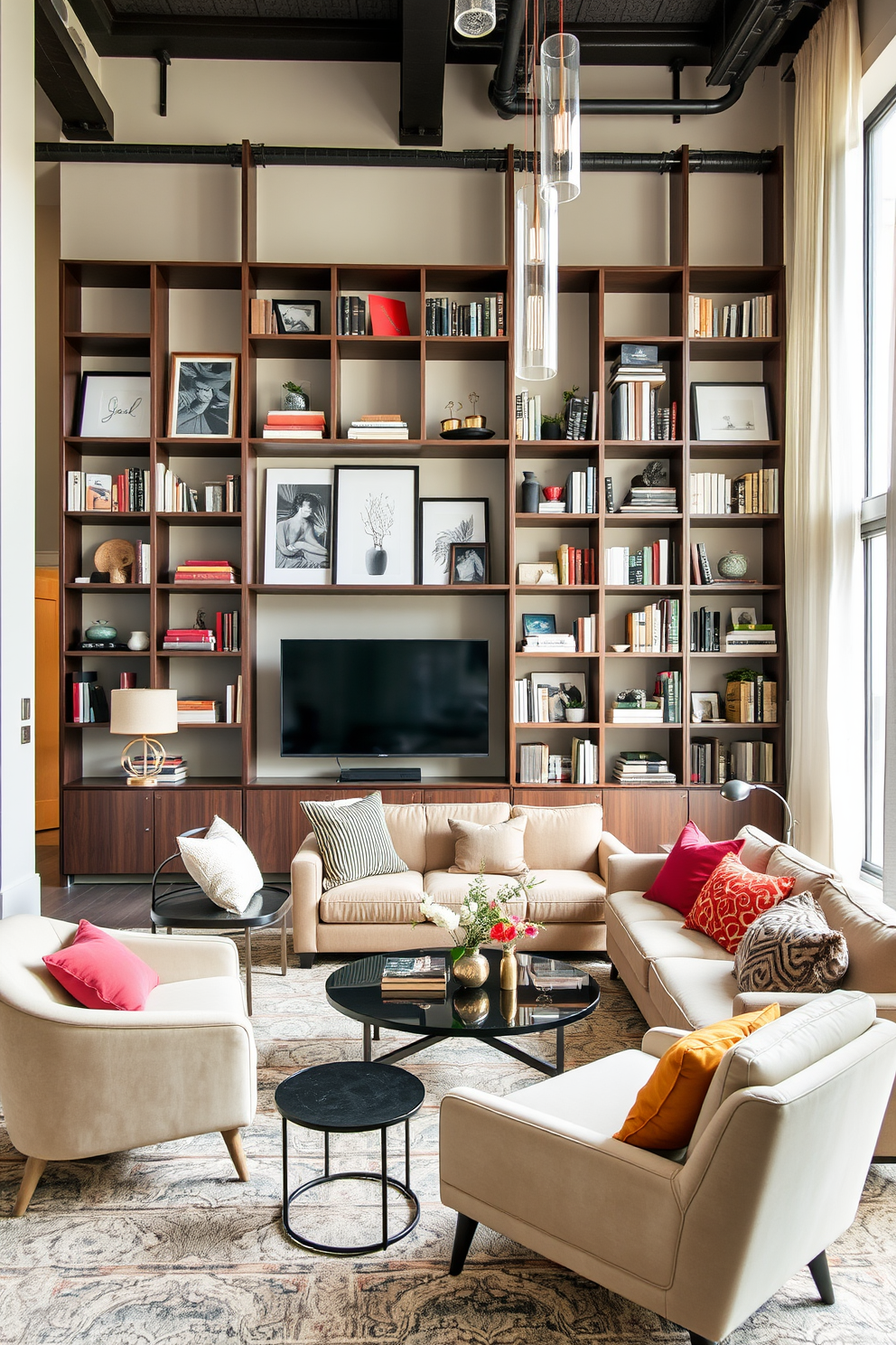 A stylish apartment living area featuring unique shelving units that creatively display art and books. The space is filled with natural light, showcasing a mix of modern furniture and soft textiles in a harmonious color palette. The open layout includes a cozy seating area with a plush sofa and accent chairs, complemented by a statement coffee table. Elegant light fixtures hang from the ceiling, adding a touch of sophistication to the overall design.