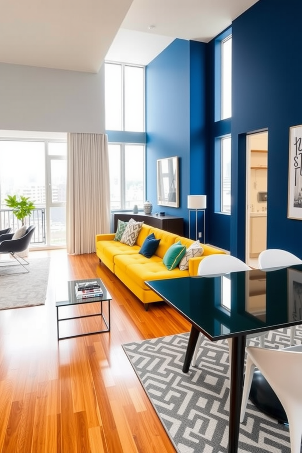 A modern living room featuring bold color blocking with a deep blue accent wall and a bright yellow sofa as the focal point. The space is complemented by a sleek glass coffee table and geometric patterned area rug, creating a vibrant yet sophisticated atmosphere. The dining area showcases a striking combination of a dark green table with contrasting white chairs. Large windows allow natural light to filter in, enhancing the warm wooden flooring and adding to the overall elegance of the apartment design.