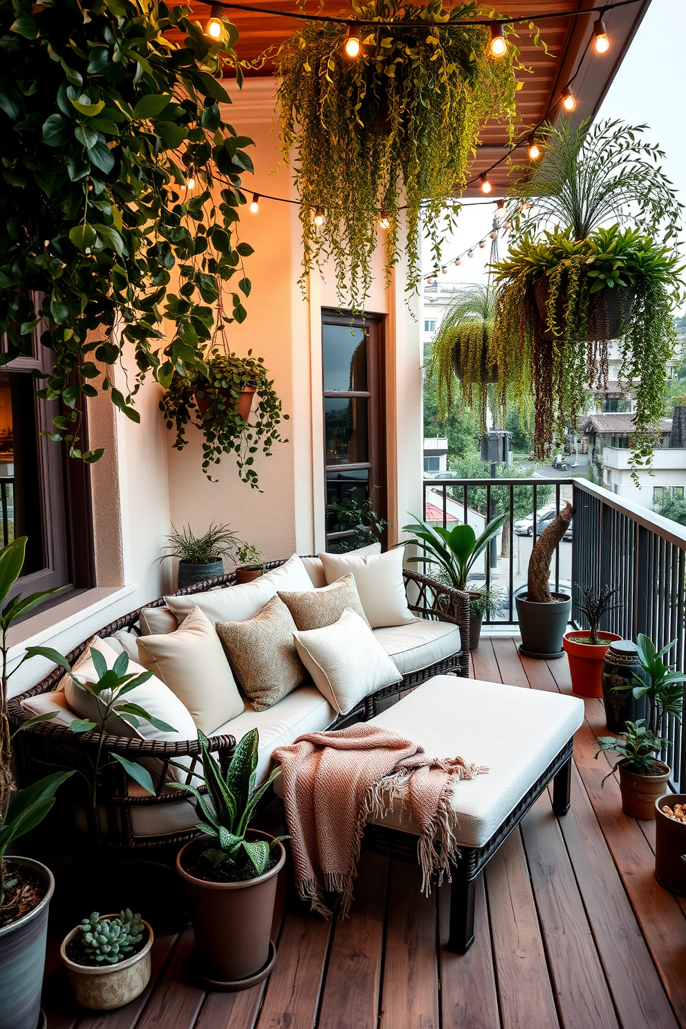 A cozy balcony designed for relaxation features a comfortable outdoor sofa adorned with plush cushions. Surrounding the space are potted plants and hanging greenery that create a serene atmosphere. The balcony floor is made of natural wood, enhancing the warm and inviting feel. Soft lighting from string lights overhead adds a magical touch for evening enjoyment.