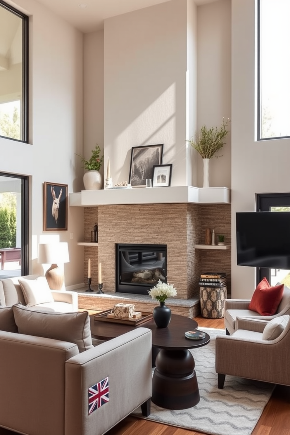 A stylish living room with a cozy fireplace as the focal point. The fireplace is surrounded by a sleek stone facade and topped with a beautiful mantel adorned with decorative items. Plush seating arrangements include a modern sectional sofa and accent chairs in soft textiles. Large windows allow natural light to flood the space, highlighting the warm color palette and sophisticated decor.