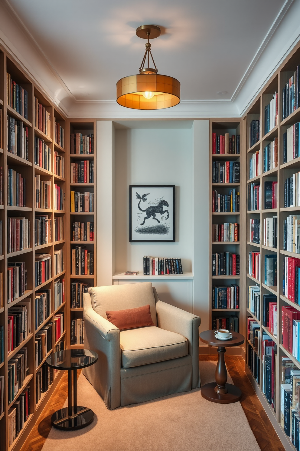 Create a cozy reading nook with bookshelves. The nook features a plush armchair in a soft fabric, accompanied by a small side table holding a steaming cup of tea. Surrounding the nook are floor-to-ceiling bookshelves filled with an array of colorful books. A warm, ambient light fixture hangs above, casting a gentle glow over the space, inviting relaxation and comfort. Elegant apartment design ideas incorporate open spaces with natural light. Use a neutral color palette accented by rich textures and statement furniture pieces to create a sophisticated atmosphere.