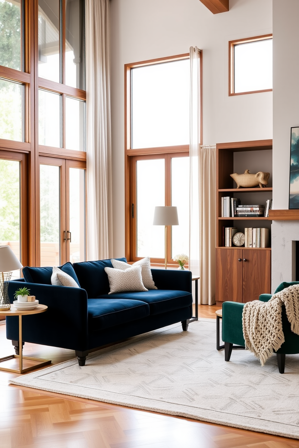 A stylish living room featuring a plush velvet sofa in deep navy blue paired with a soft cream area rug. Large windows draped with sheer linen curtains allow natural light to fill the space, highlighting the warm wood accents throughout. A cozy reading nook includes a comfortable armchair upholstered in a rich emerald green fabric next to a sleek side table. A collection of textured throw pillows and a chunky knit blanket adds inviting warmth to the area.