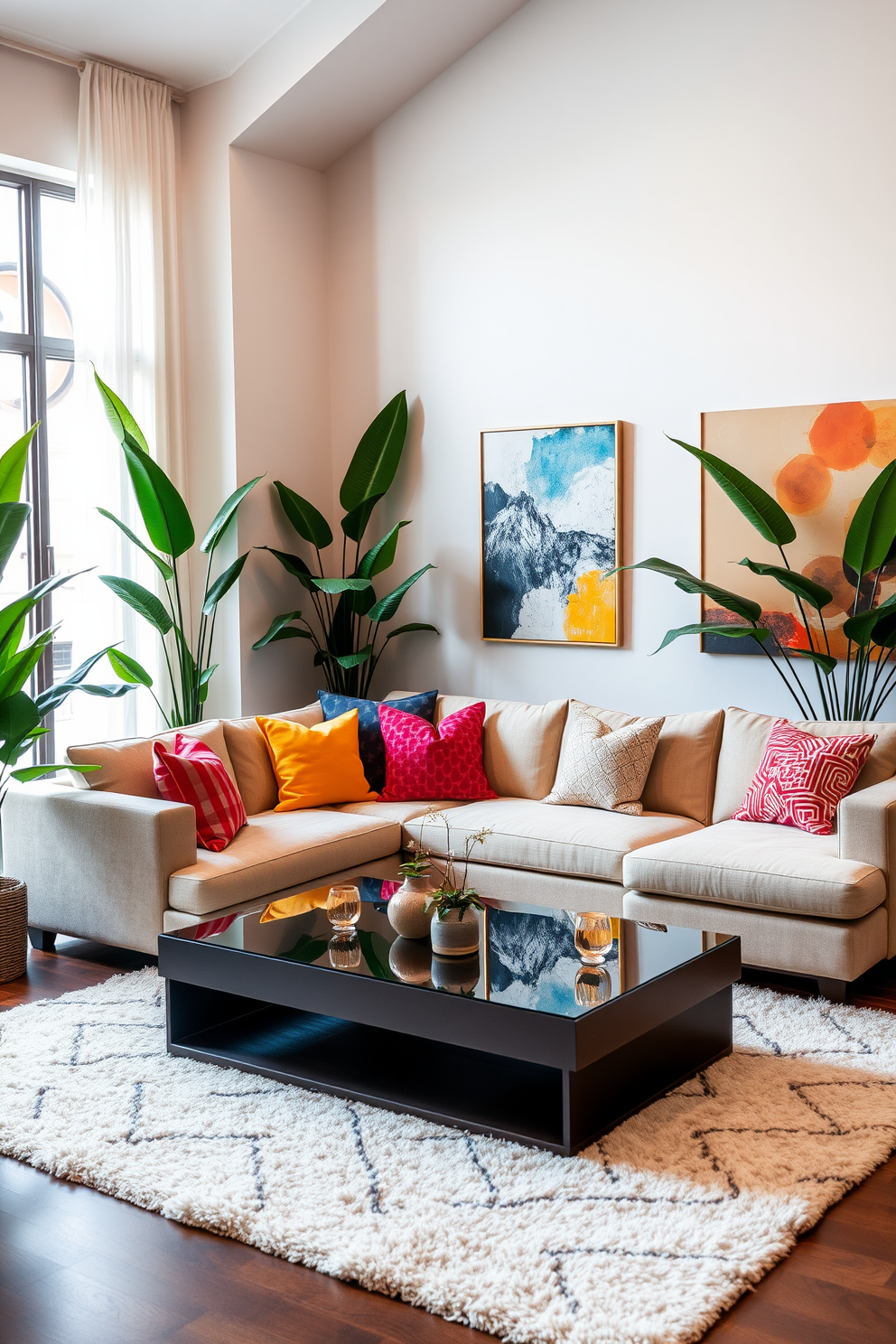 A stylish living room featuring a plush sectional sofa in a neutral tone, accented by colorful throw pillows. Lush indoor plants are strategically placed in the corners, adding a touch of freshness and vibrancy to the space. The walls are adorned with abstract art pieces that complement the overall color scheme. A sleek coffee table with a glass top sits in the center, surrounded by a soft area rug that ties the room together.