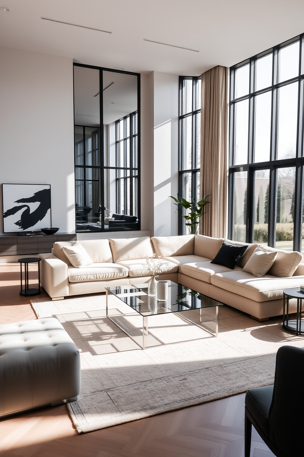 A sophisticated living room featuring elegant furniture with clean lines. The space includes a plush sectional sofa in a neutral tone paired with a sleek glass coffee table. Large windows allow natural light to flood the room, highlighting the minimalist decor. A subtle area rug anchors the seating arrangement, creating a cozy yet refined atmosphere.