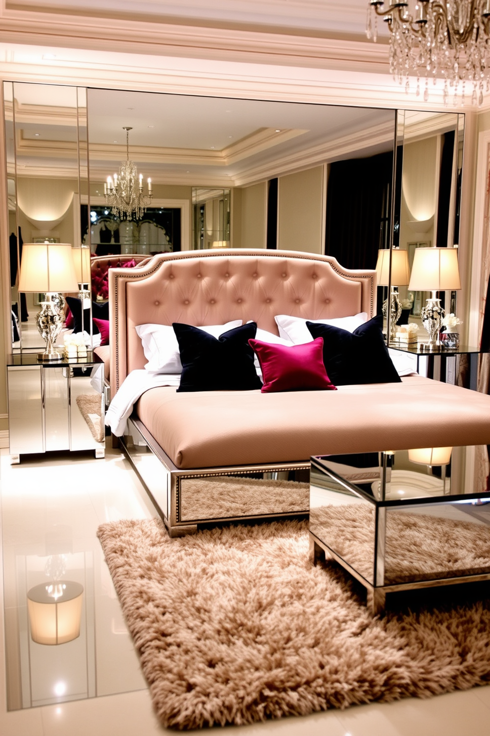 A glamorous bedroom features mirrored furniture that reflects light and creates a sense of space. The bed is dressed in luxurious fabrics with a plush headboard, while mirrored nightstands flank each side, enhancing the overall elegance. Soft, ambient lighting casts a warm glow across the room, highlighting the reflective surfaces. A chic area rug adds texture underfoot, and decorative pillows in rich hues create a striking contrast against the neutral bedding.