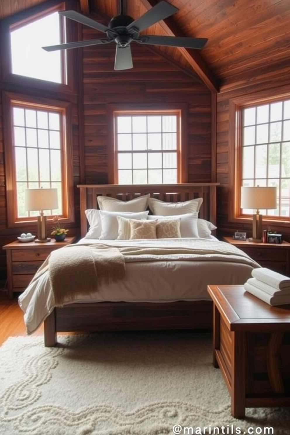 A serene bedroom retreat featuring rich wood tones that create a cozy and inviting atmosphere. The bed is adorned with plush bedding and layered textures, while wooden nightstands flank each side, topped with stylish lamps. Large windows allow natural light to flood the space, highlighting the warm hues of the wooden furniture. A soft area rug anchors the room, adding comfort and warmth underfoot.