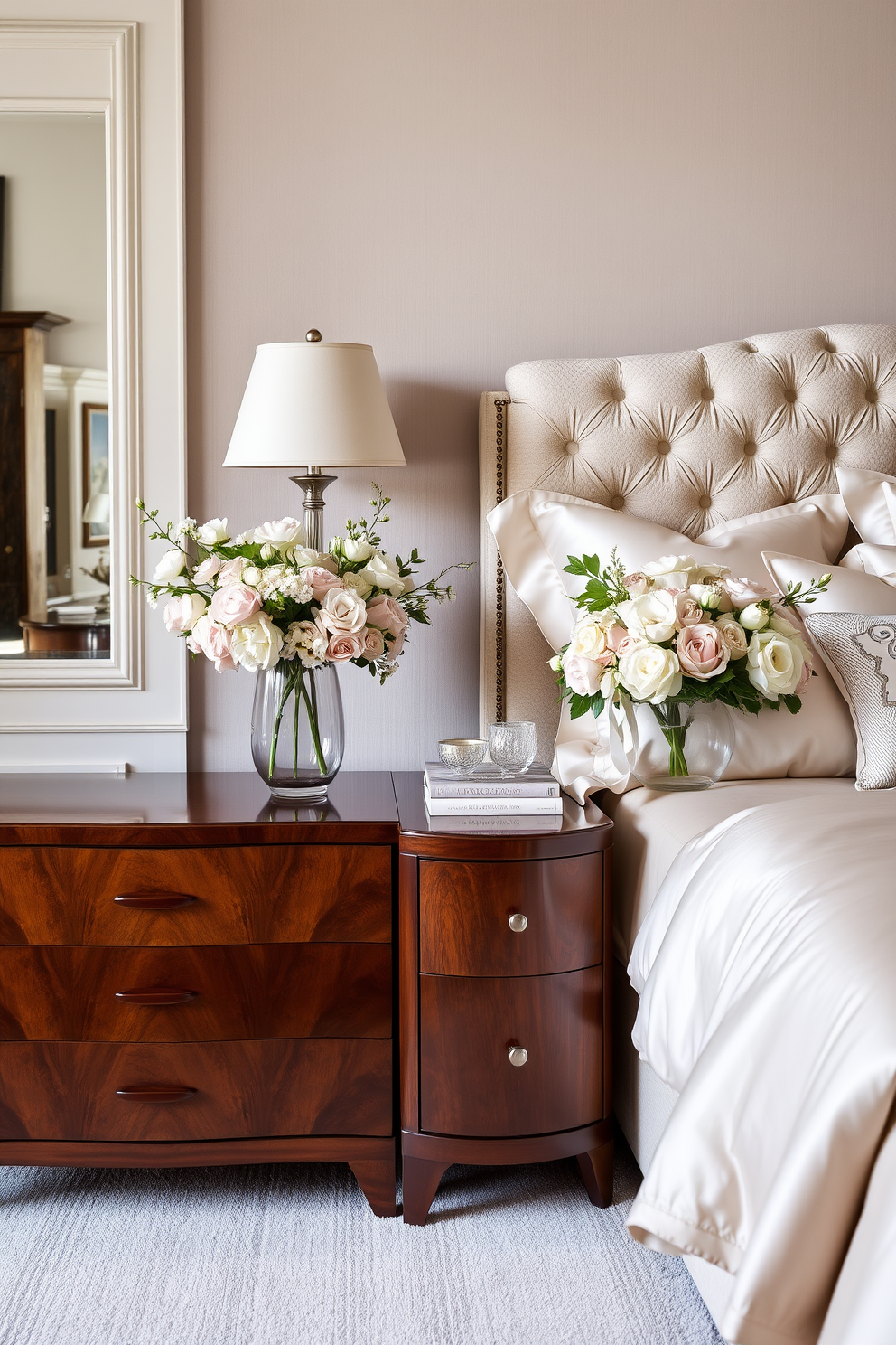 Elegant bedroom design featuring natural wood elements that create warmth and charm. The room includes a king-sized bed with a wooden headboard, complemented by soft linens and plush pillows. A cozy reading nook with a wooden armchair and a small side table is positioned by a window. The walls are painted in a soft neutral tone, and a large area rug adds texture to the hardwood floor.