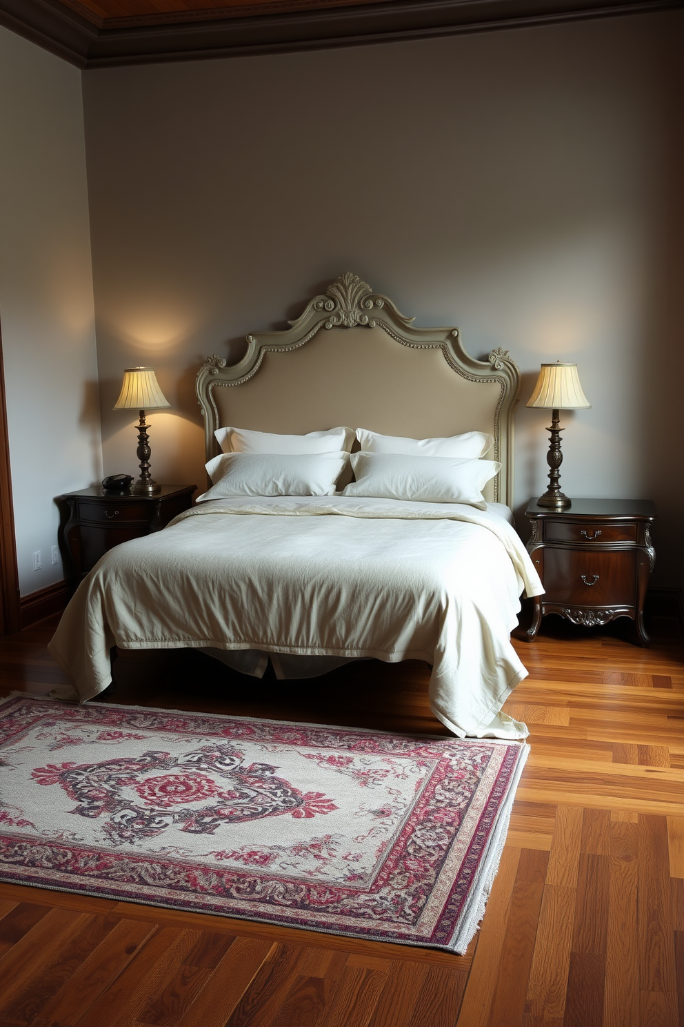 A tranquil bedroom setting with vintage accents that exude timeless elegance. The room features a plush queen-sized bed dressed in luxurious linens with an ornate headboard and antique bedside tables on either side. Soft, ambient lighting emanates from vintage-style lamps that cast a warm glow across the space. A beautifully patterned area rug lies underfoot, complementing the rich wooden flooring and adding warmth to the overall design.