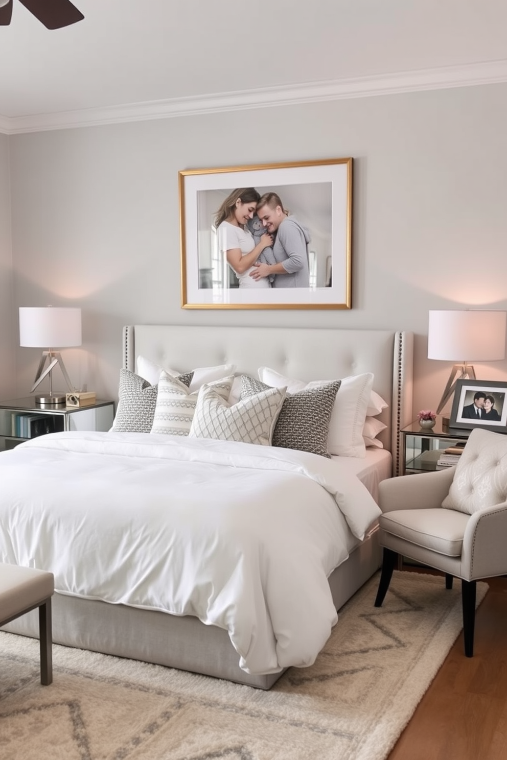 A serene bedroom setting featuring a plush king-sized bed adorned with soft white linens and a mix of textured throw pillows. Beside the bed, two elegant nightstands hold stylish table lamps, while a large framed photo of a cherished memory hangs on the wall above. The room is painted in a calming light gray tone, complemented by a cozy area rug that adds warmth underfoot. A chic armchair sits in one corner, inviting relaxation, with another framed photo placed on a nearby shelf to enhance the personal touch.