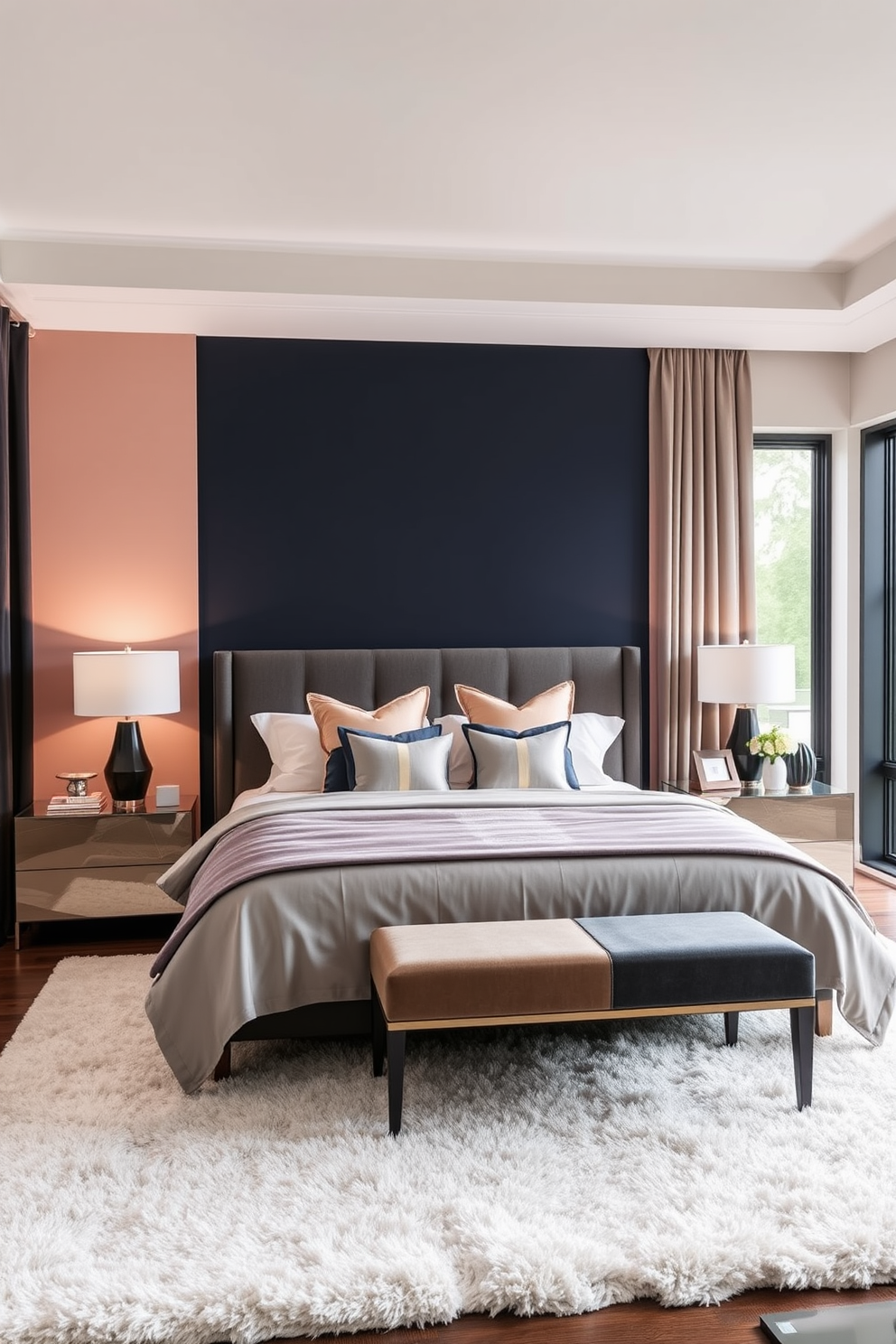 A sophisticated bedroom design featuring a color-blocked accent wall in deep navy and soft blush tones. The bed is dressed in luxurious linens with contrasting pillows, complemented by a sleek nightstand and a stylish lamp on either side. The room includes a plush area rug that ties the color scheme together, adding warmth and texture. Large windows allow natural light to flood the space, highlighting the elegant furnishings and curated decor pieces throughout.