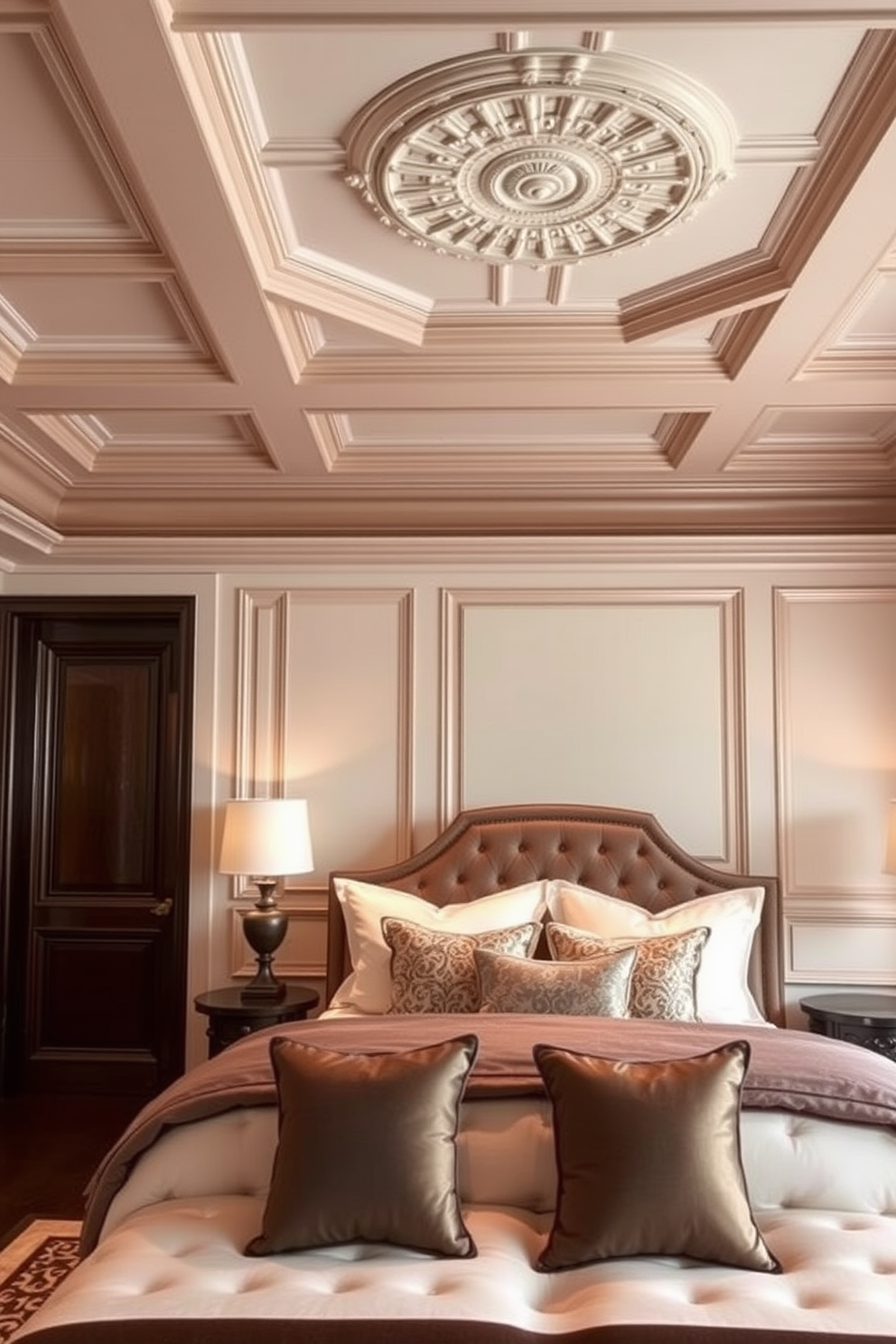 Elegant ceiling designs with moldings. The ceiling features intricate crown moldings that add depth and sophistication to the room. Elegant bedroom design ideas. The bedroom showcases a plush king-sized bed with luxurious bedding and stylish accent pillows.