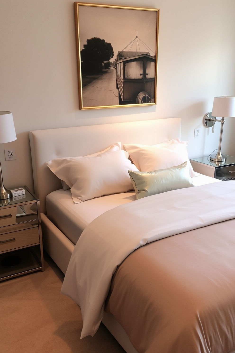 A serene bedroom space with soft neutral tones and plush textures. The bed is dressed in luxurious linens with subtle metallic accents in the throw pillows and bedspread. A sleek nightstand on either side of the bed features elegant lamps with metallic finishes. The walls are adorned with tasteful artwork that complements the overall color scheme and adds a touch of sophistication.