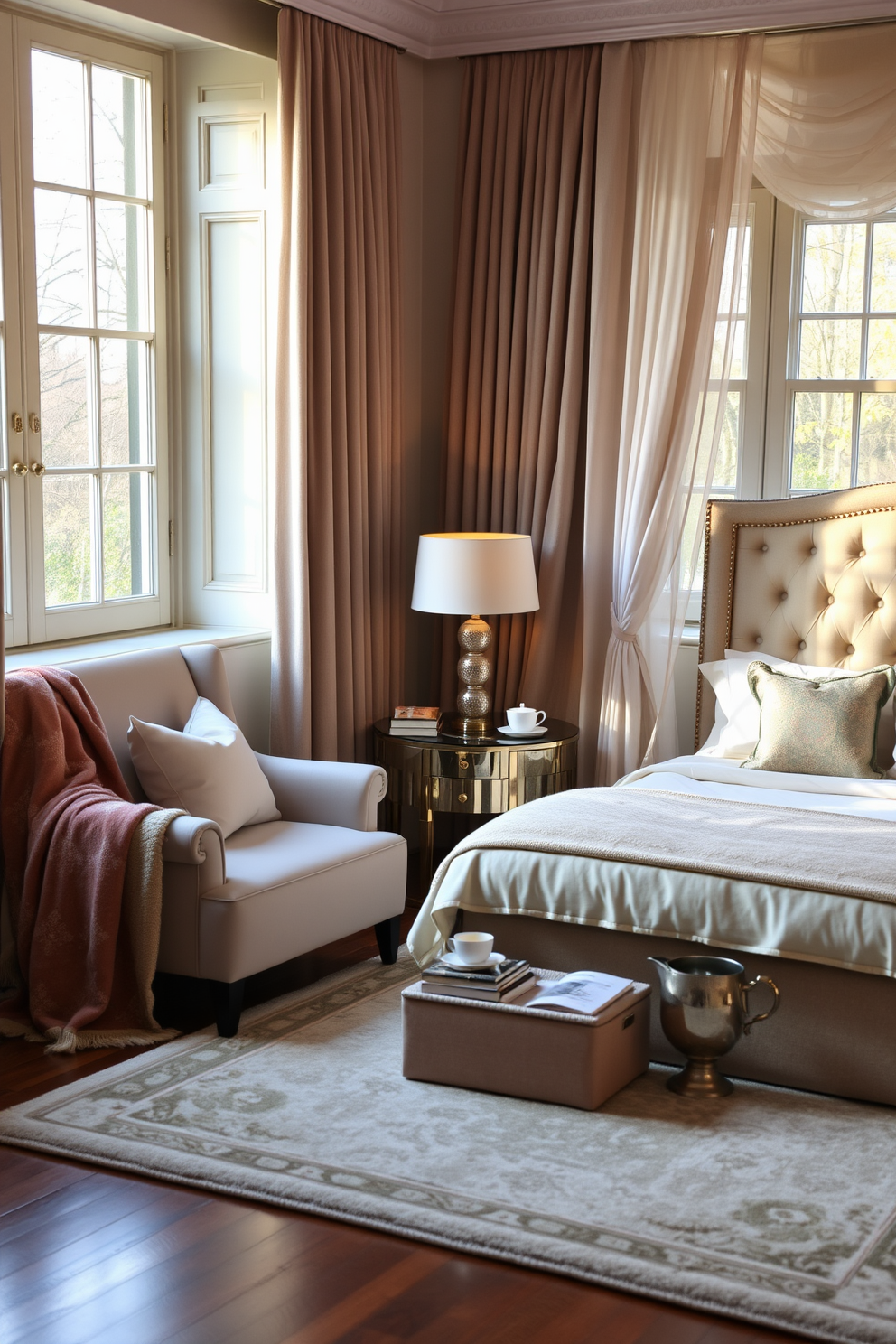 Plush armchairs are positioned in a cozy reading nook, adorned with soft throw pillows and a warm blanket draped over one side. A small side table holds a stack of books and a steaming cup of tea, while a floor lamp casts a gentle glow over the space. The elegant bedroom features a king-sized bed with a tufted headboard and luxurious bedding in soft pastel tones. Large windows allow natural light to flood the room, highlighting the delicate curtains and a stylish area rug that adds warmth to the hardwood floors.