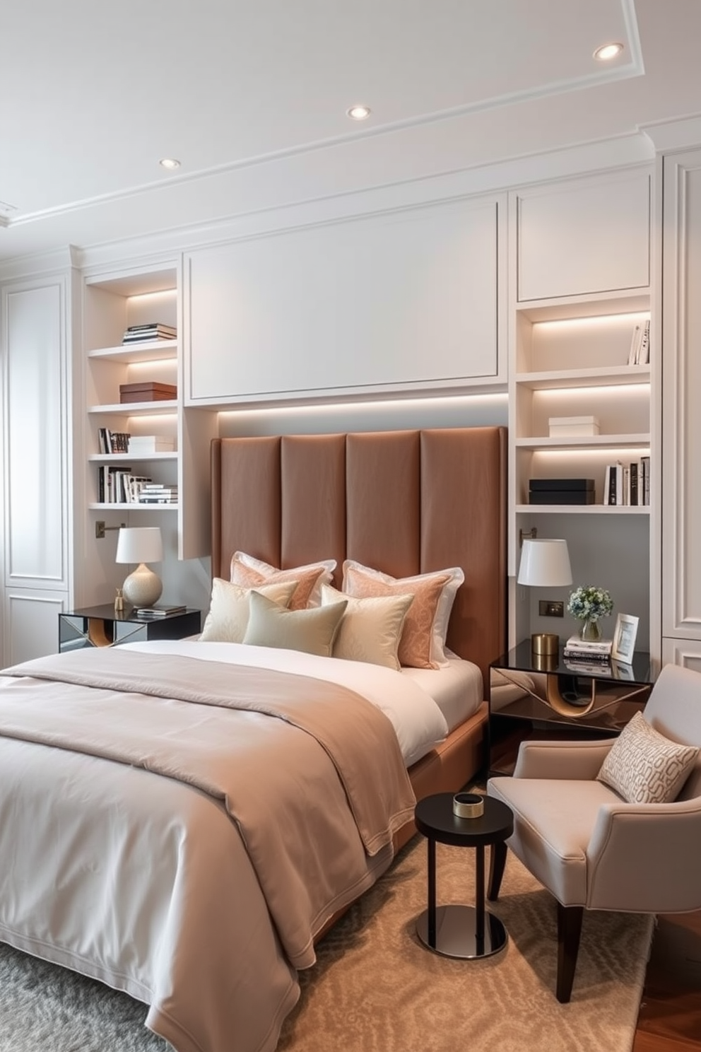 A stunning bedroom featuring a unique coffered ceiling with recessed lighting that adds depth and character. The walls are adorned with soft pastel colors, creating a serene and inviting atmosphere. The room includes a luxurious king-sized bed dressed in plush linens and decorative pillows. A stylish nightstand with a modern lamp complements the overall design, while a cozy seating area by the window offers a perfect spot for relaxation.