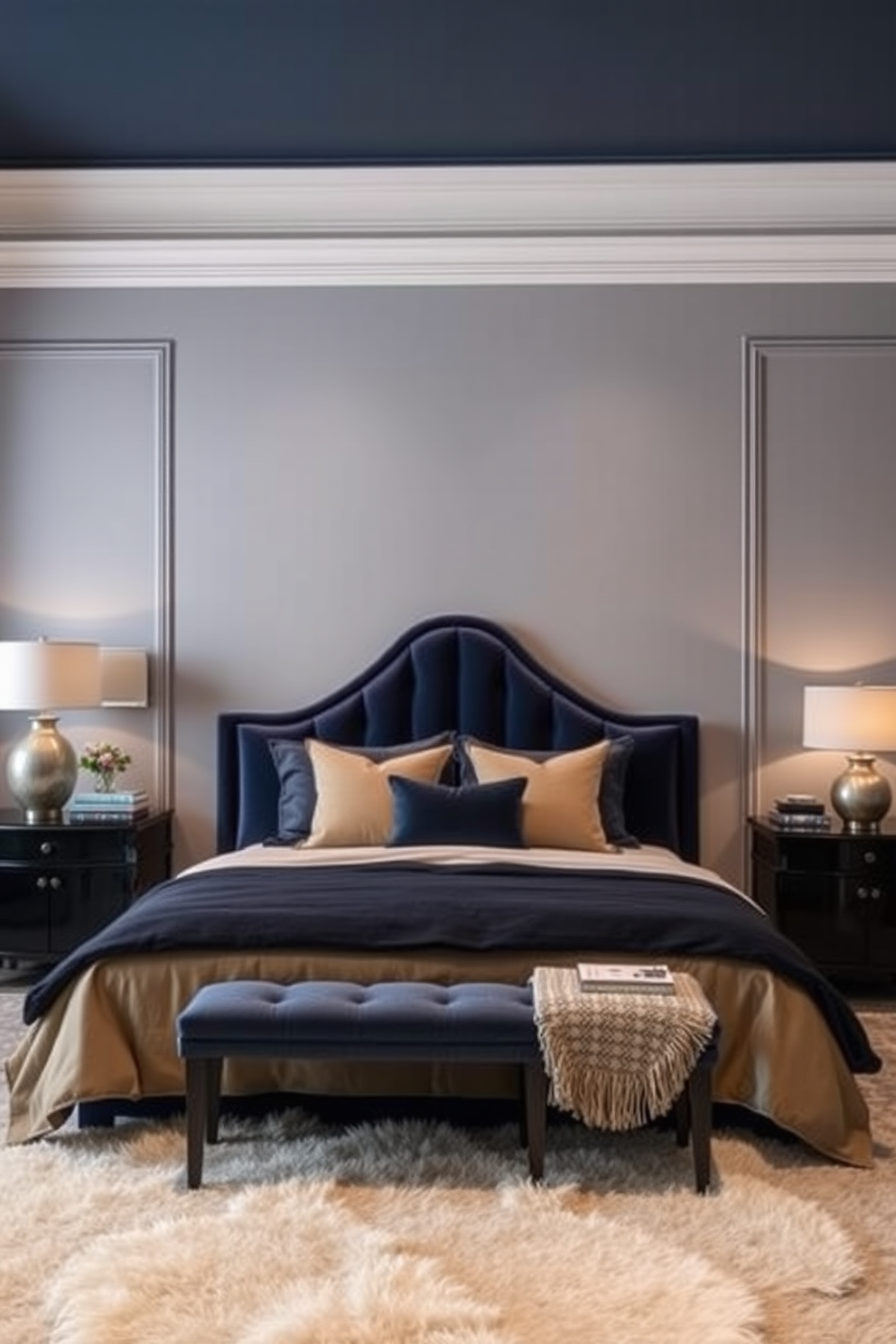 Artistic headboard designs for focal point. A stunning upholstered headboard in a deep navy blue fabric commands attention in the room. Elegant bedroom design ideas. The room features soft ambient lighting and a plush area rug that complements the color scheme.