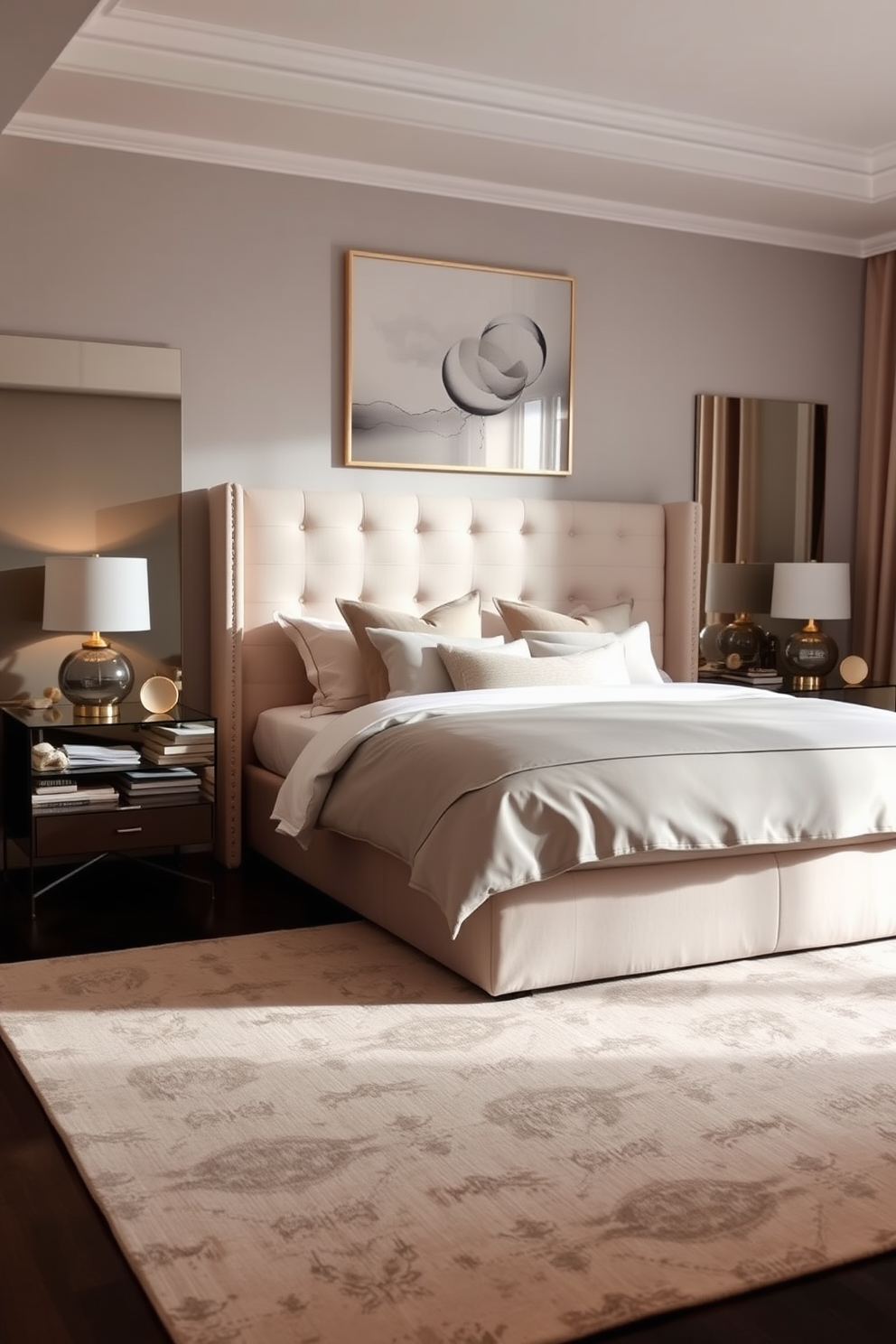 A serene bedroom atmosphere with a cohesive theme throughout the bedding and decor. The bed features a plush upholstered headboard and is adorned with soft, neutral-toned linens and decorative pillows that complement the overall color palette. Stylish bedside tables flank the bed, each topped with modern lamps that provide warm lighting. A large area rug in a subtle pattern anchors the space, while artwork with soft hues adorns the walls, tying the design together seamlessly.