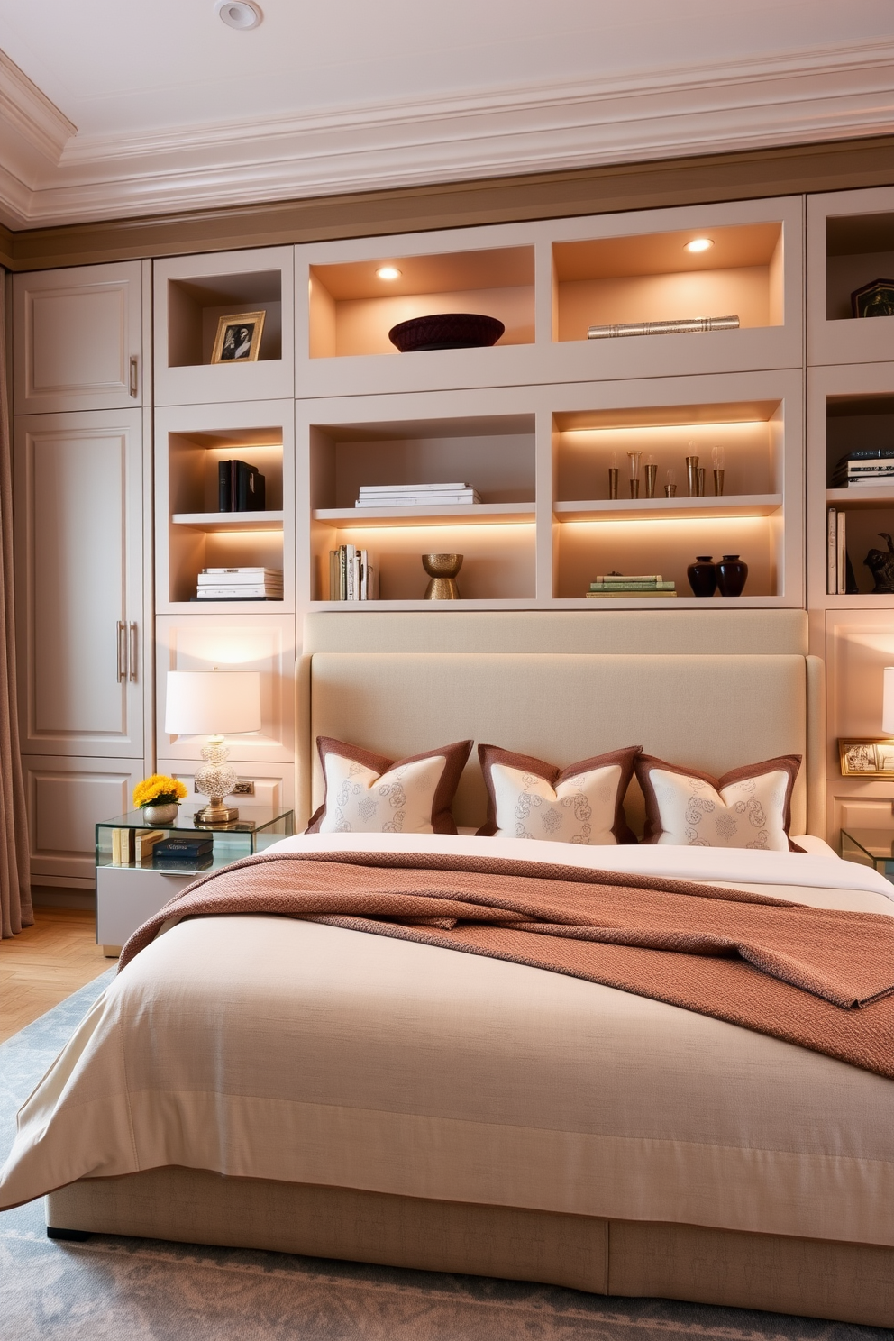 A serene bedroom setting featuring a beautifully styled bedside table. On the table, a decorative tray holds a stack of books, a small potted plant, and a scented candle, creating an inviting atmosphere. The bed is dressed in luxurious linens with an elegant headboard that complements the overall design. Soft lighting from a nearby lamp casts a warm glow, enhancing the tranquil ambiance of the space.