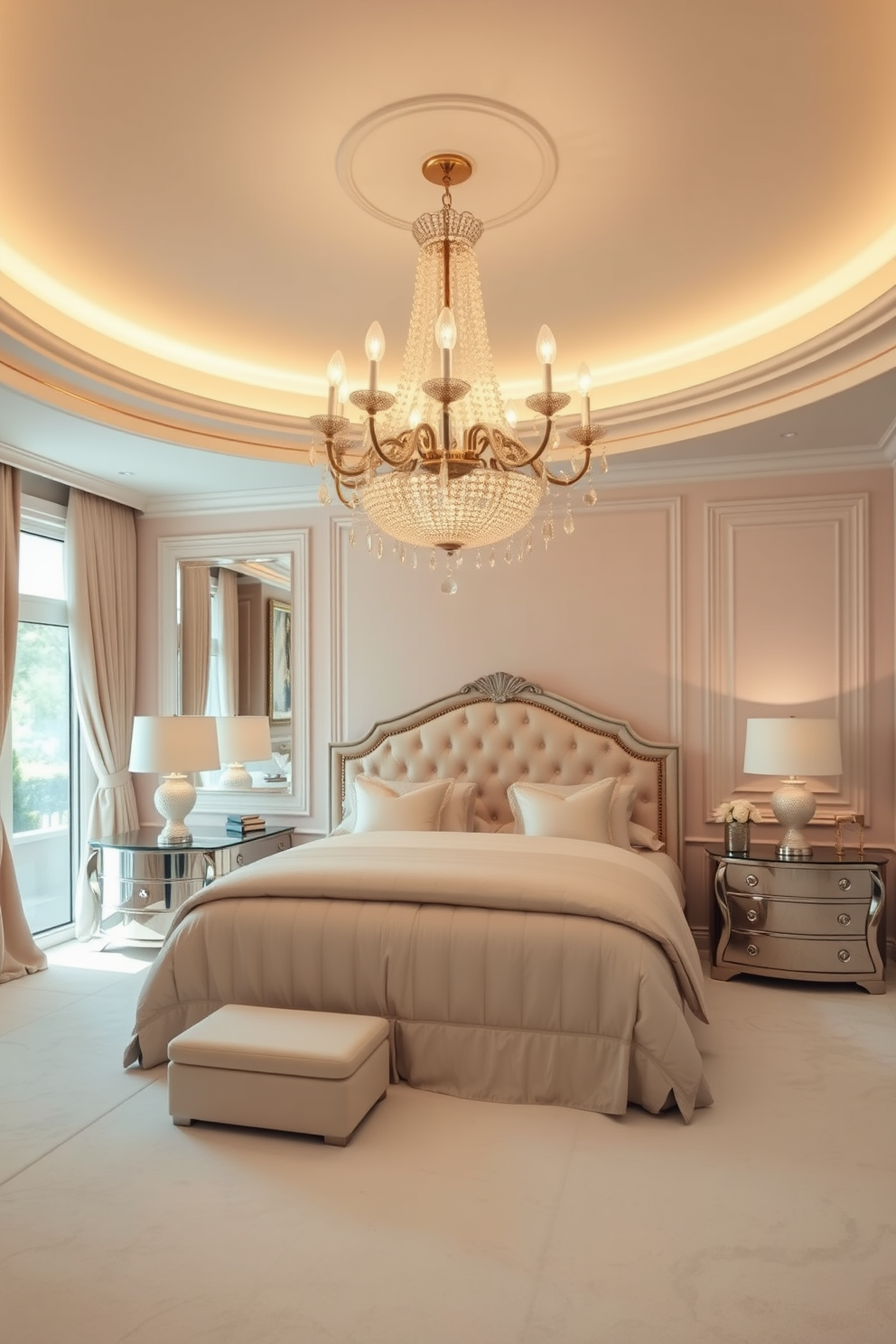 A serene bedroom featuring minimalist furniture with sleek lines. The bed is low-profile with a simple headboard, complemented by nightstands that have clean, geometric shapes. Natural light pours in through large windows adorned with sheer curtains, creating a soft ambiance. The color palette consists of soft neutrals, with a plush area rug grounding the space beneath the bed.